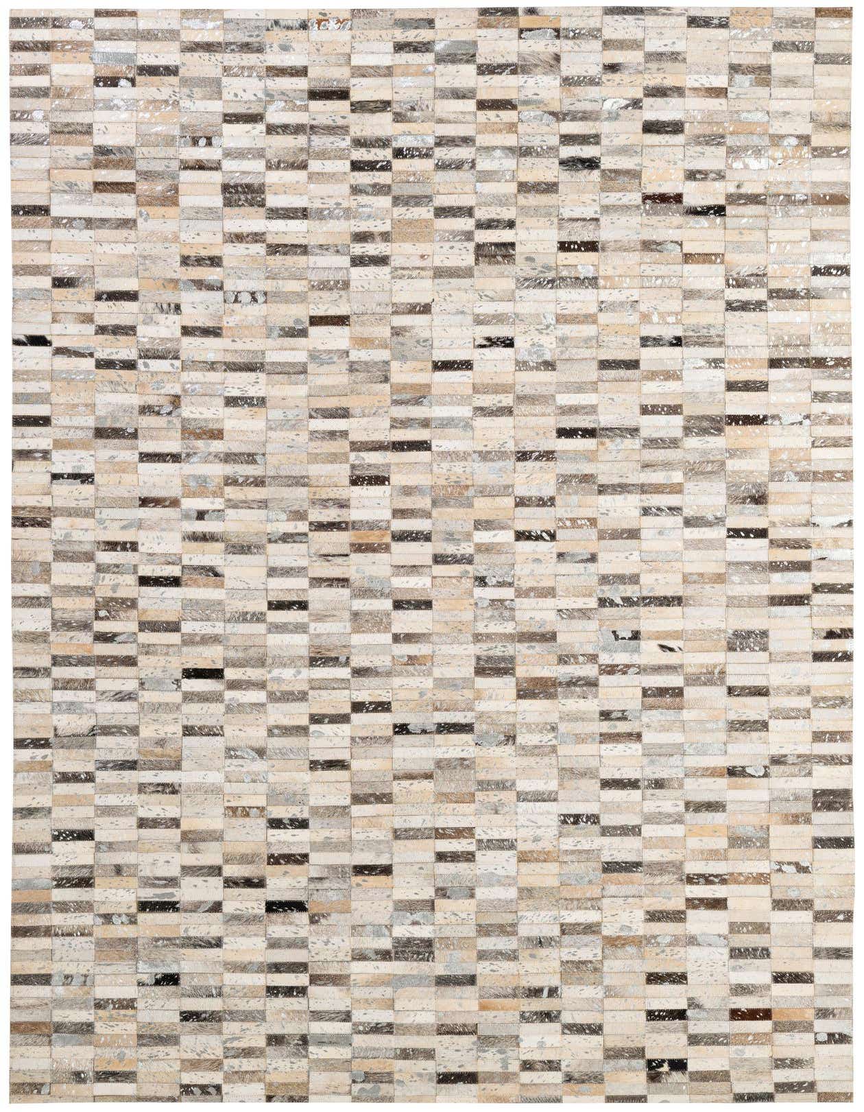 A 5x8 rectangular Cowhide Patchwork rug featuring a modern stripe pattern in multi-colored natural tones.