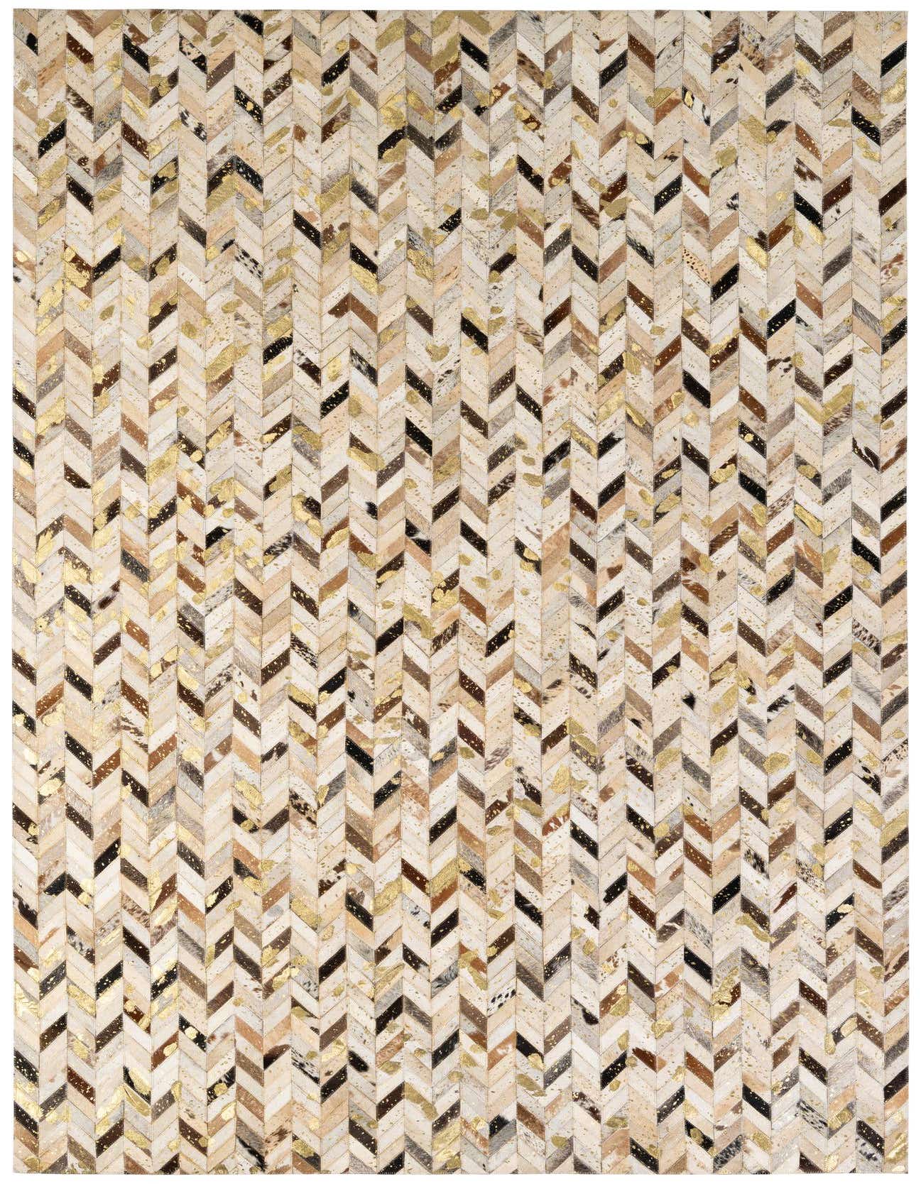 A rectangular 5x8 modern cowhide rug featuring a multi-colored chevron patchwork pattern with metallic gold accents.