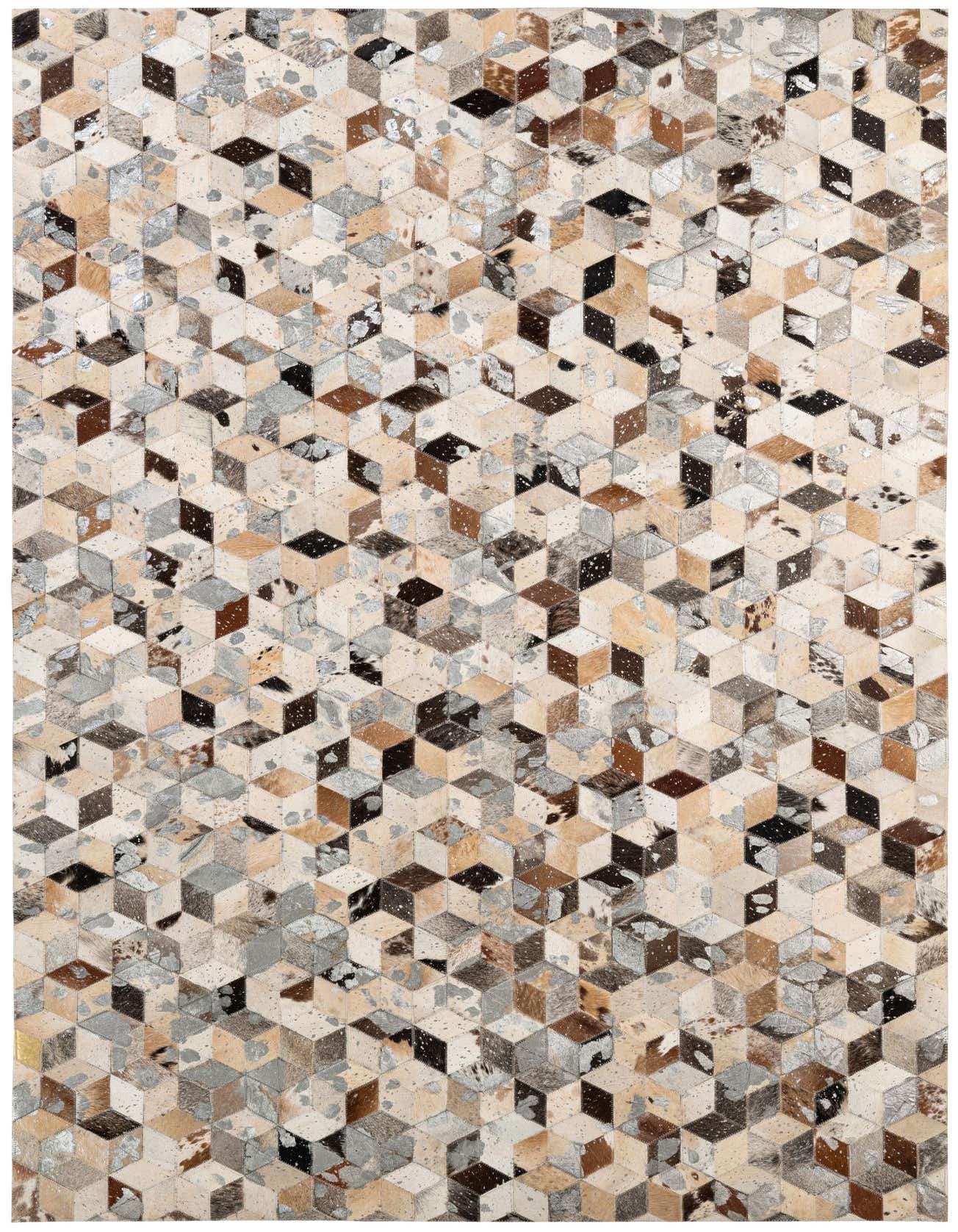 A 5x8 rectangular Cowhide Patchwork rug with a multi-colored modern geometric cube pattern, ideal for a living room.