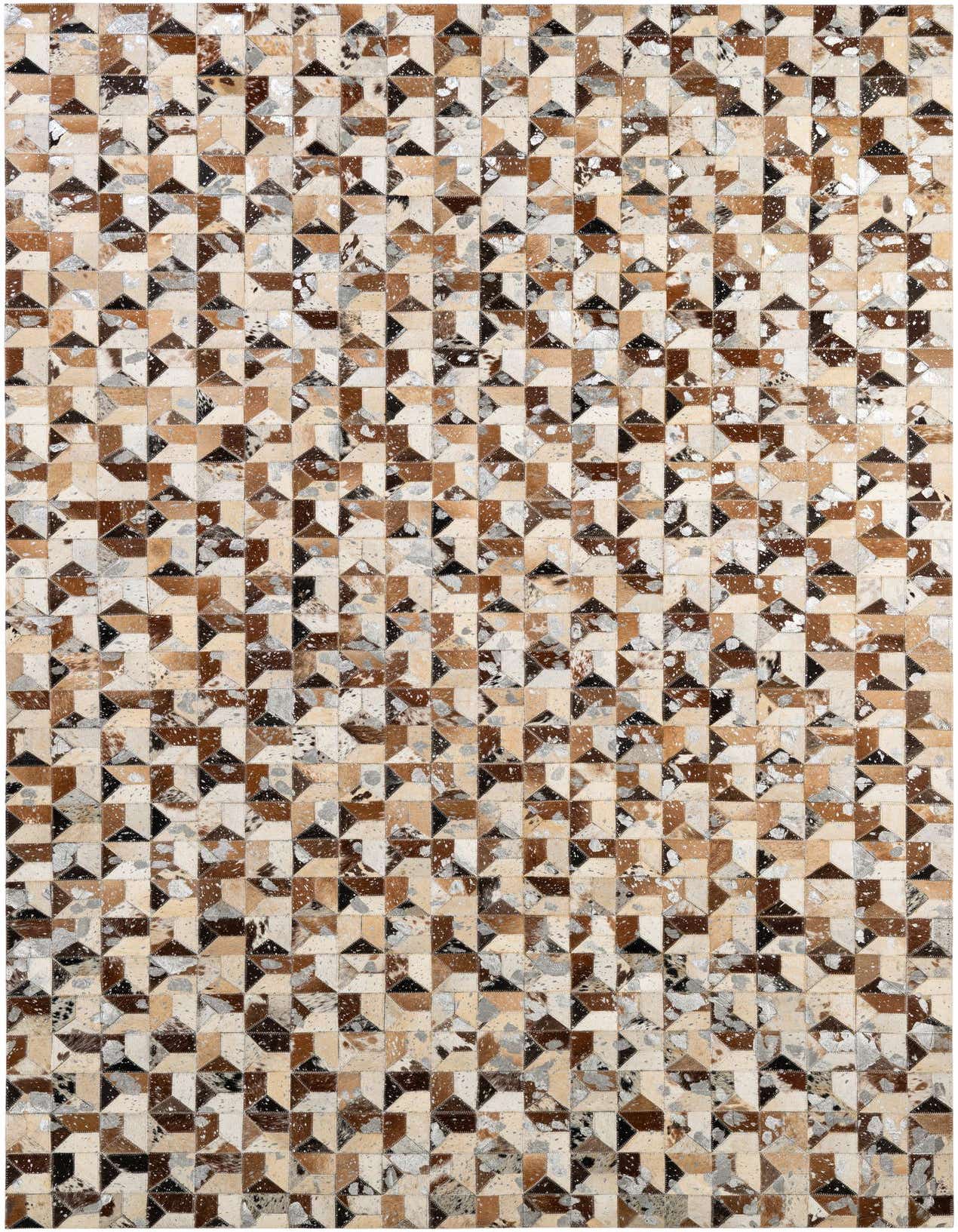 A rectangular 5x8 multi-colored modern patchwork cowhide rug with various shades of brown, beige, black, and white.