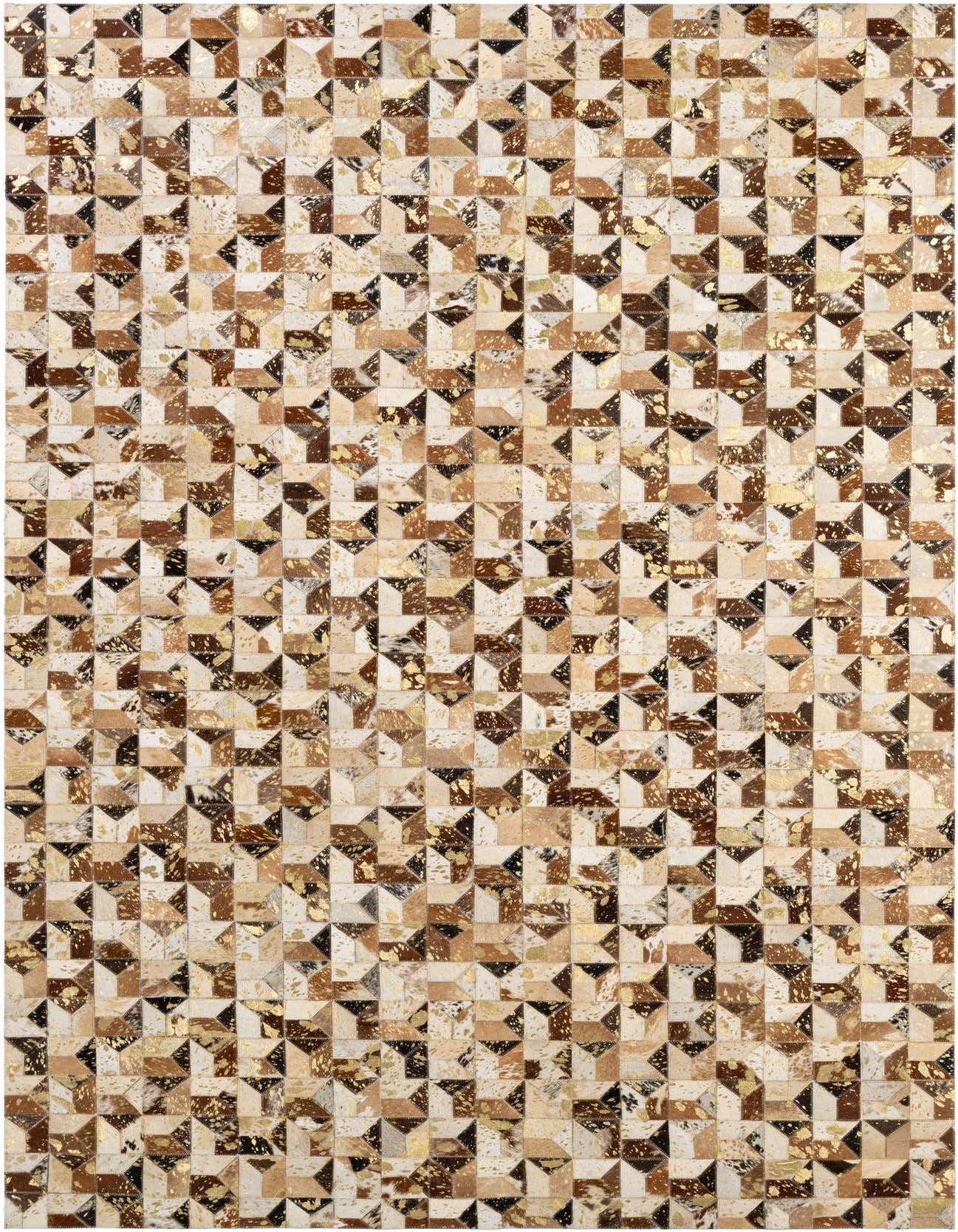 A rectangular 5x8 modern patchwork cowhide rug featuring a geometric pattern in multi-colored natural tones with metallic gold accents.