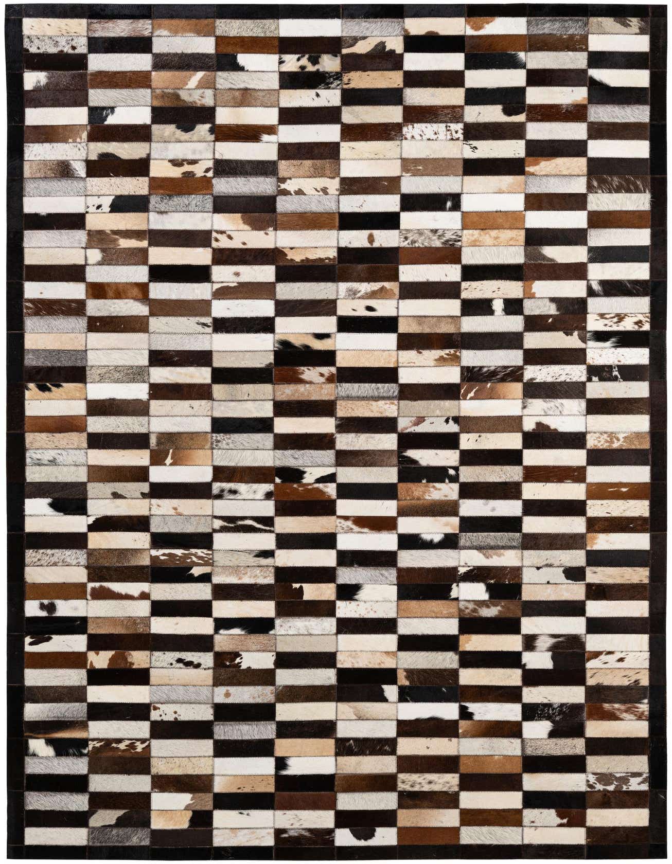 A 5x8 rectangular Cowhide Patchwork rug featuring a modern stripe pattern in multi-colored natural cowhide and leather.