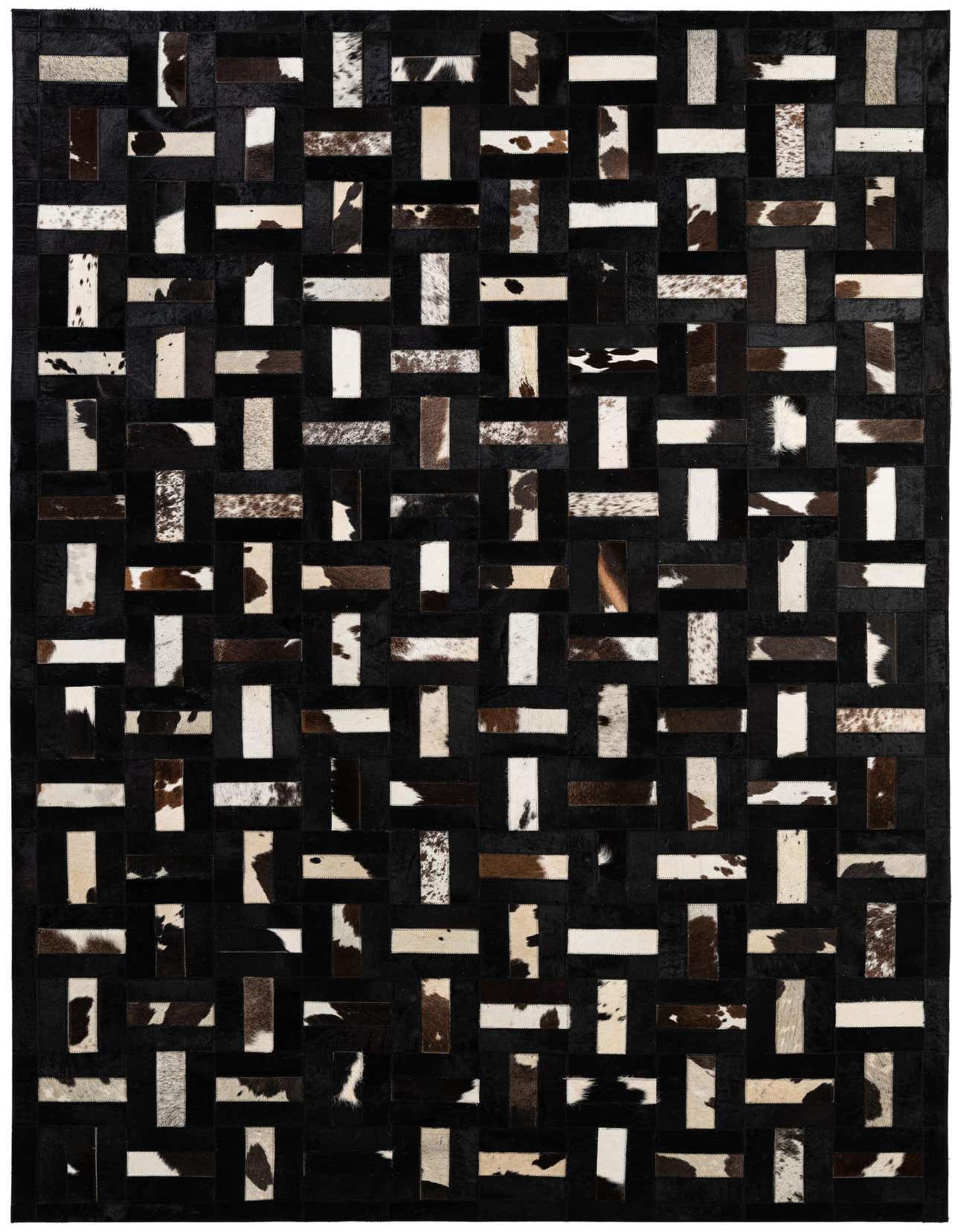 A 5x8 rectangular Cowhide Patchwork rug featuring a modern stripe pattern in multi-colored natural cowhide and black leather.