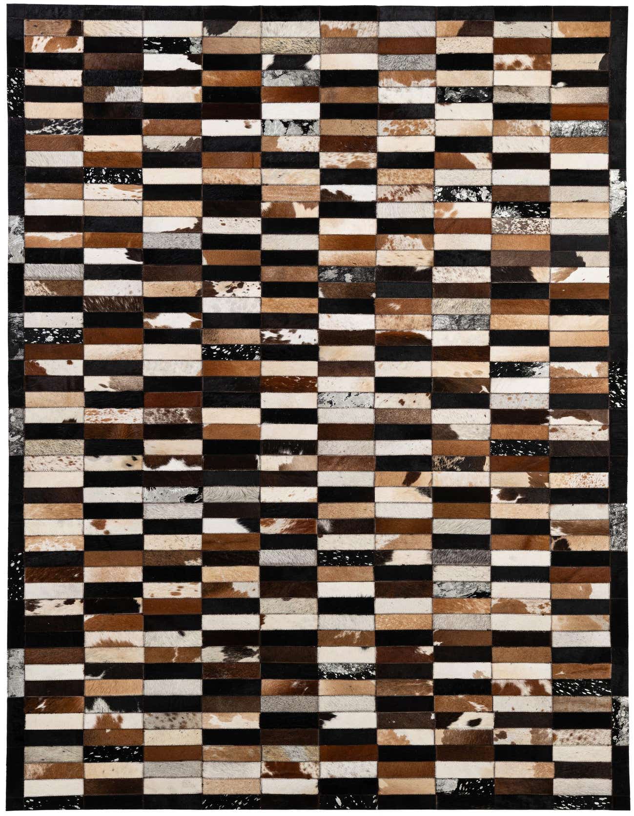 A 5x8 rectangular Cowhide Patchwork rug featuring a modern multi-colored design with black, brown, and white patches.