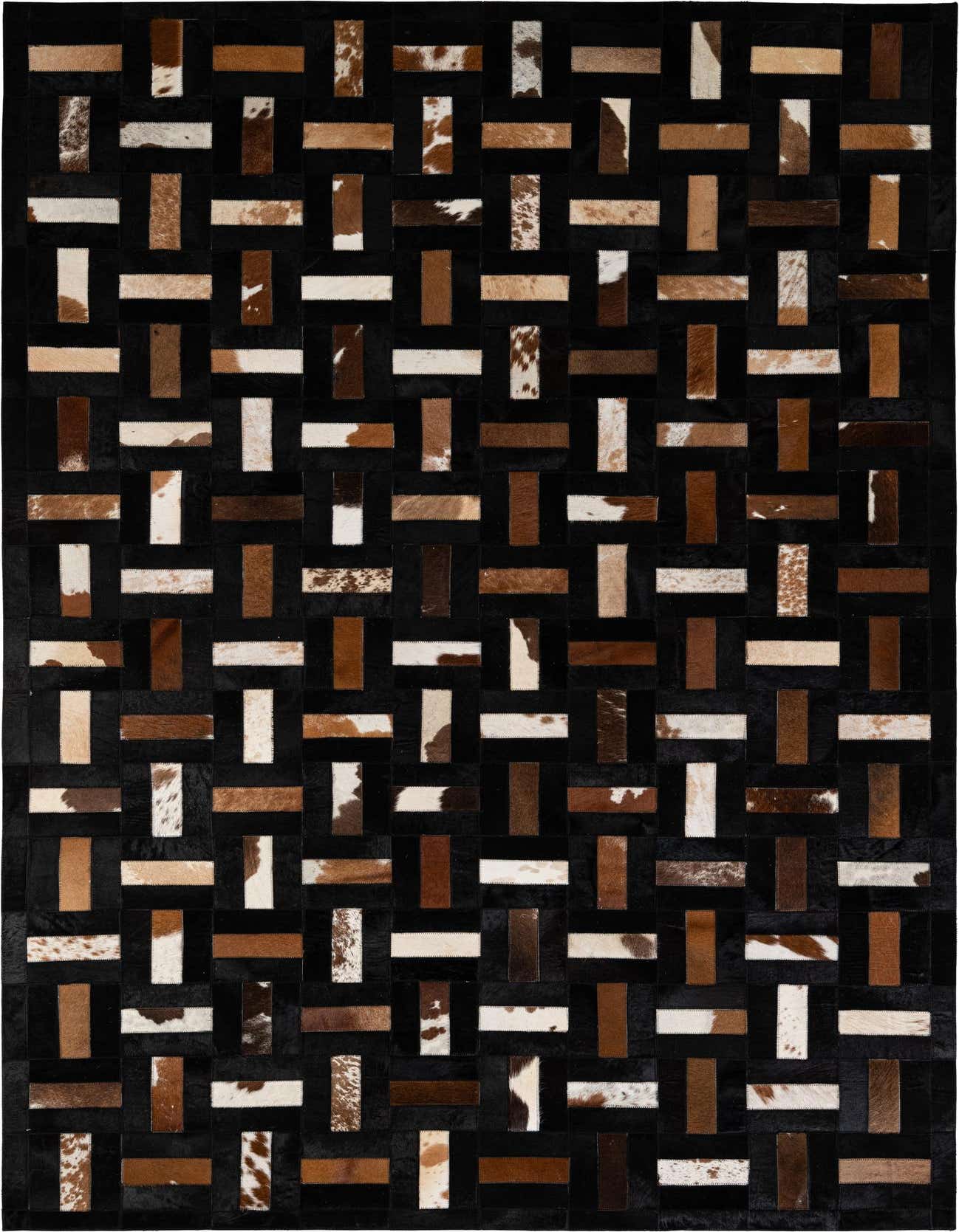 A rectangular 5x8 cowhide rug featuring a modern stripe pattern with multi-colored patches of brown, white, and black.