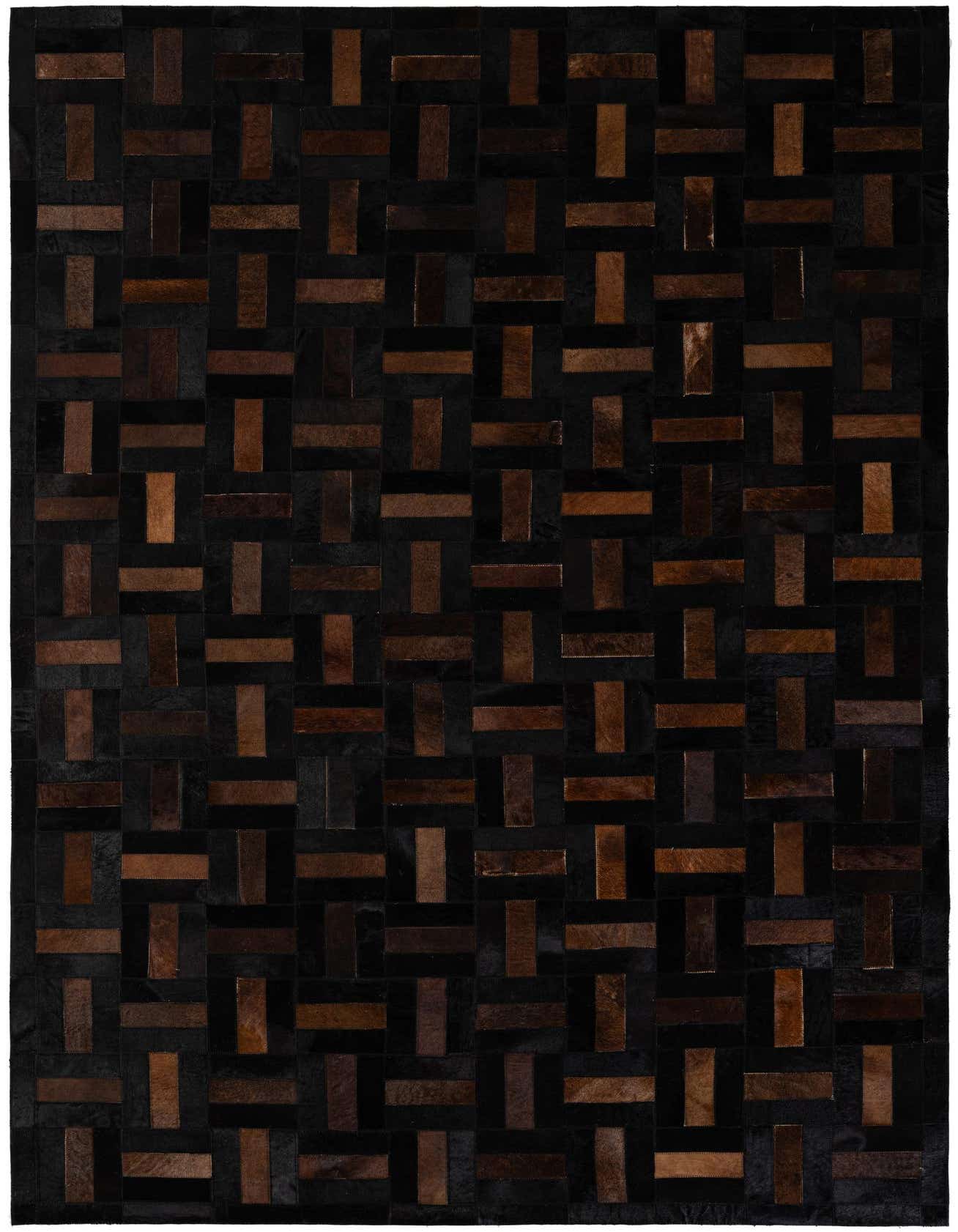 A 5x8 rectangular Cowhide Patchwork rug featuring a modern stripe pattern in varying shades of brown and black.