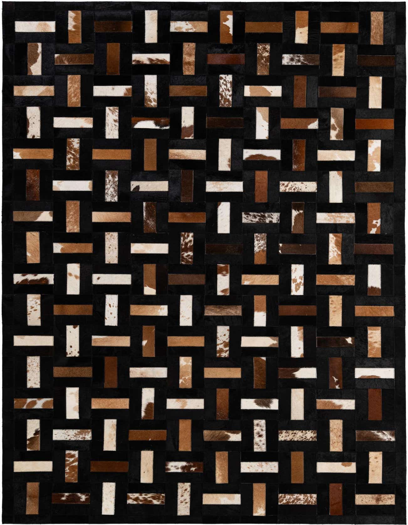 A 5x8 rectangular Cowhide Patchwork rug featuring a modern geometric pattern of multi-colored cowhide and leather strips on a dark background.