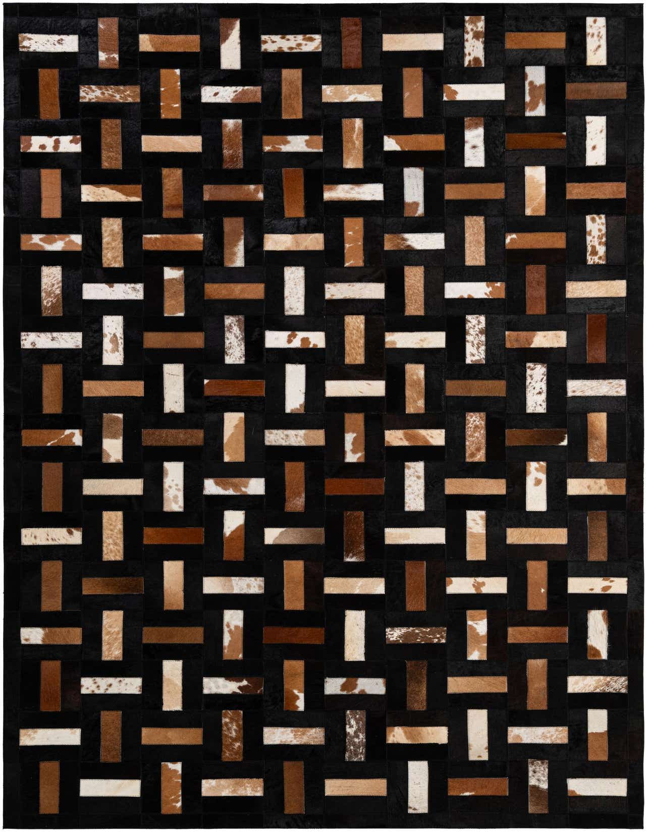 A 5x8 rectangular Cowhide Patchwork rug featuring a modern stripe pattern in black, brown, and white tones.