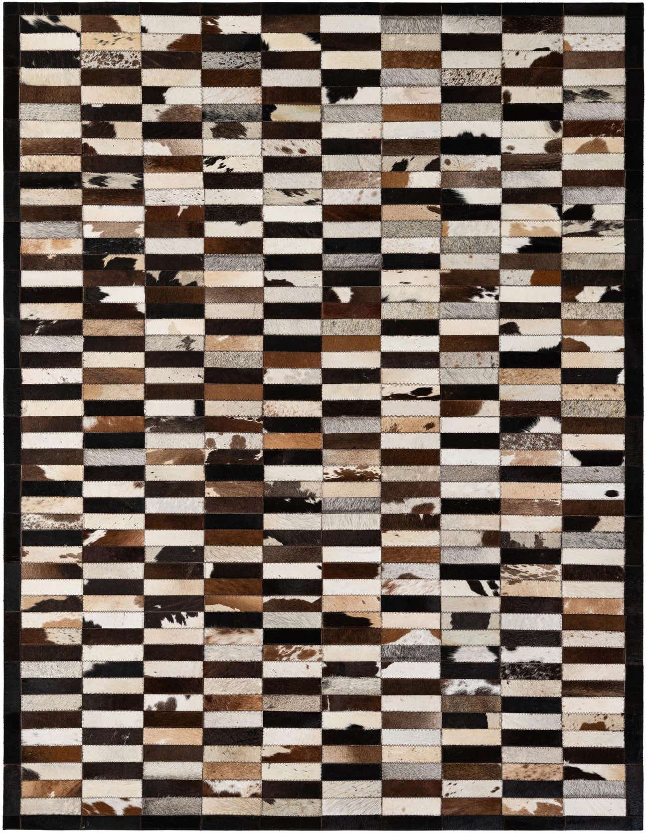 A 5x8 rectangular Cowhide Patchwork rug featuring a modern stripe pattern in multi-colored natural cowhide and leather.