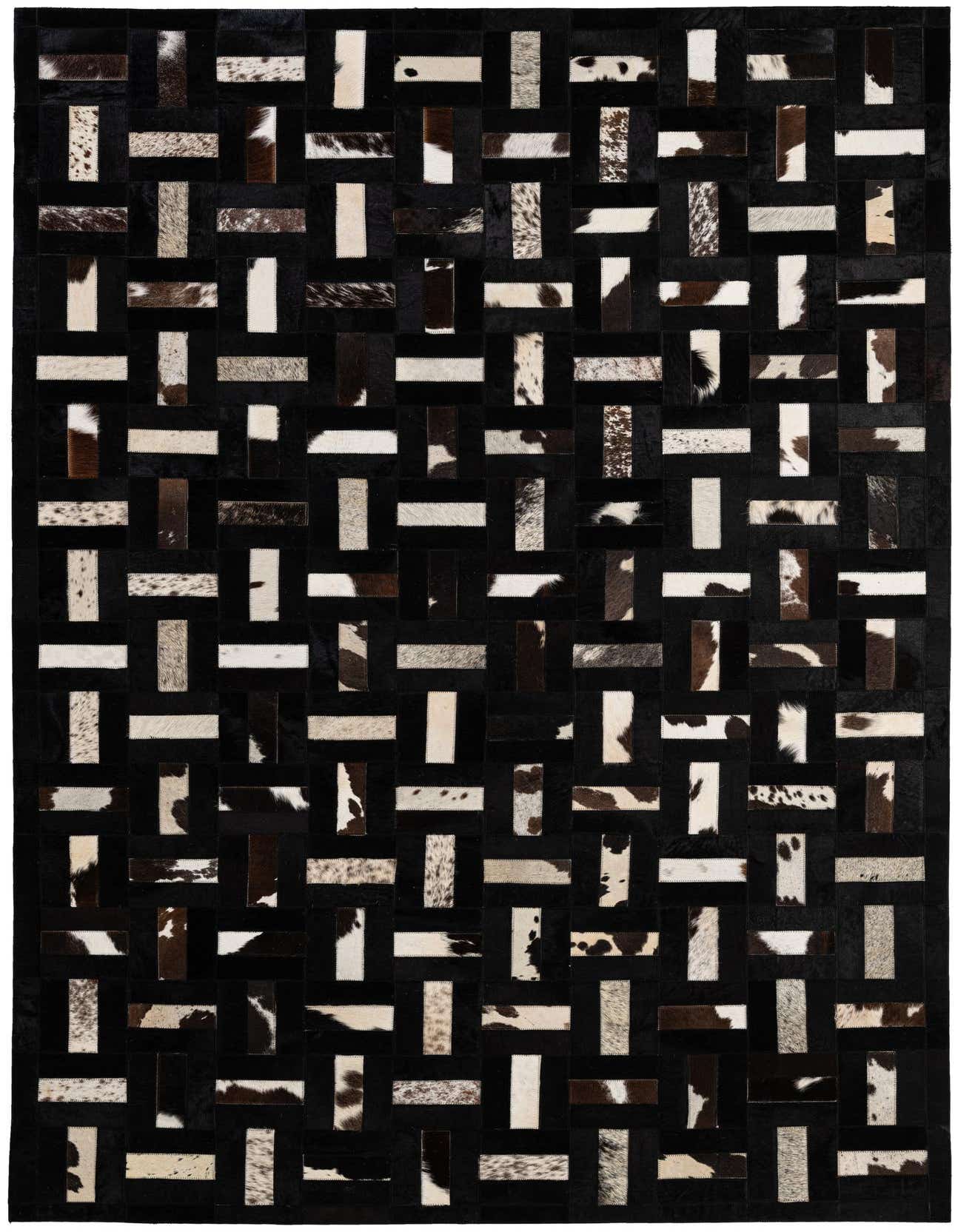 A 5x8 rectangular Cowhide Patchwork rug featuring a modern stripe pattern of multi-colored cowhide and black leather rectangles.