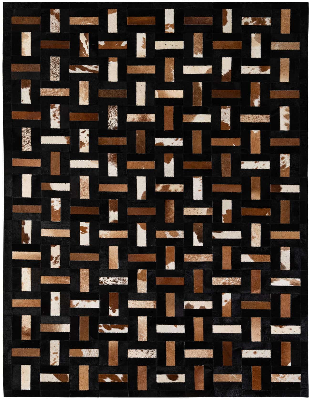 A 5x8 rectangular cowhide rug featuring a modern patchwork stripe pattern in black, brown, and white.