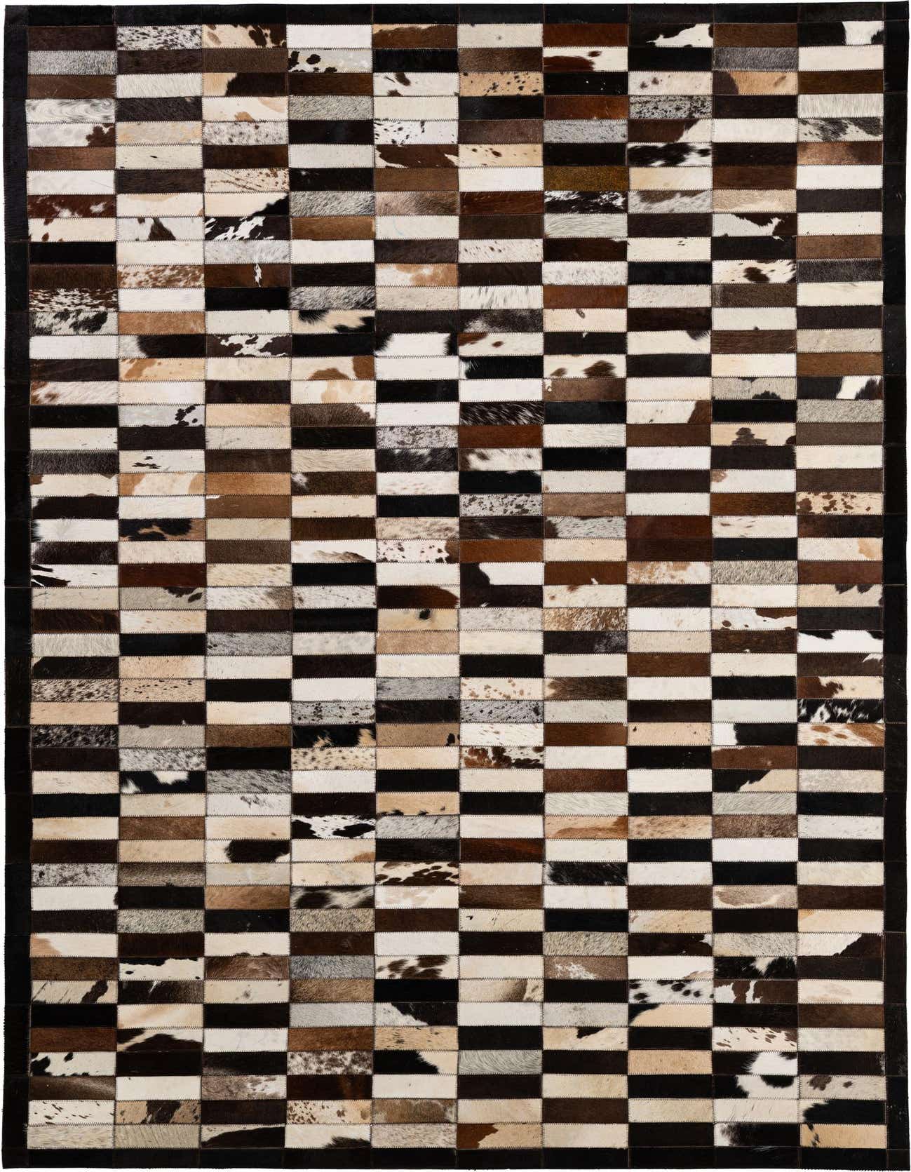 A 5x8 rectangular Cowhide Patchwork rug featuring a modern stripe pattern in multi-colored natural cowhide and leather.