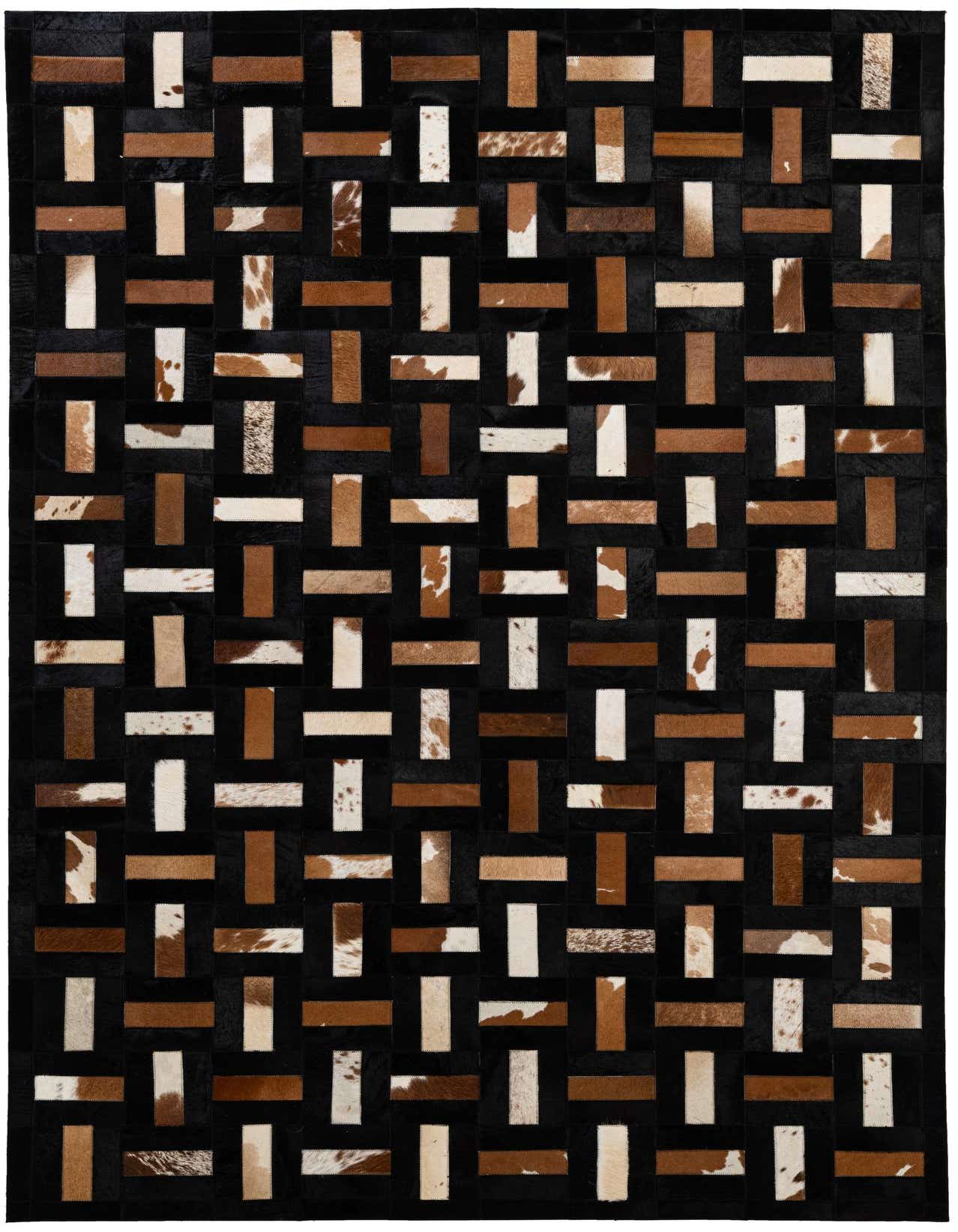 A 5x8 rectangular Cowhide Patchwork rug featuring a modern geometric pattern of multi-colored cowhide and leather rectangles.