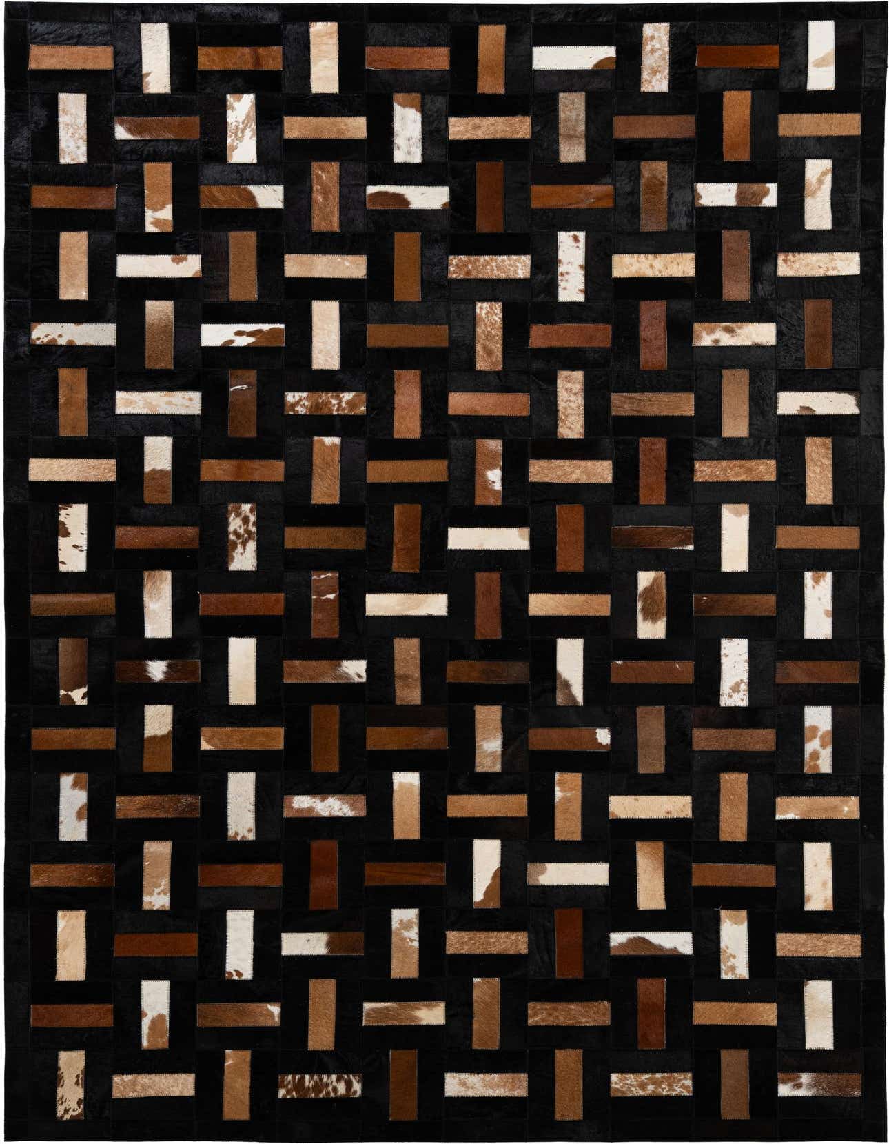 A 5x8 rectangular Cowhide Patchwork rug featuring a modern geometric pattern of multi-colored brown, white, and black leather rectangles.