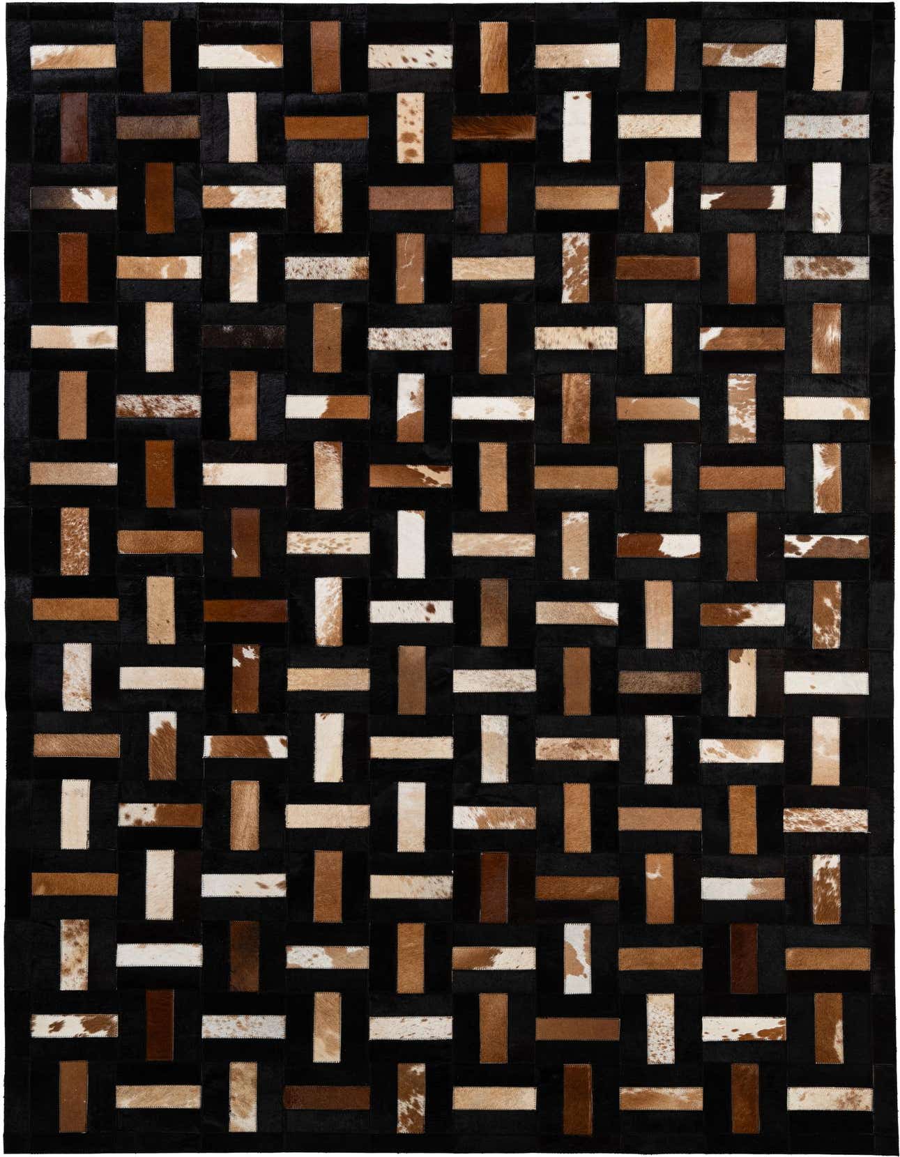 A 5x8 rectangular Cowhide Patchwork rug with a modern stripe pattern in multi-colored brown, black, and white tones.