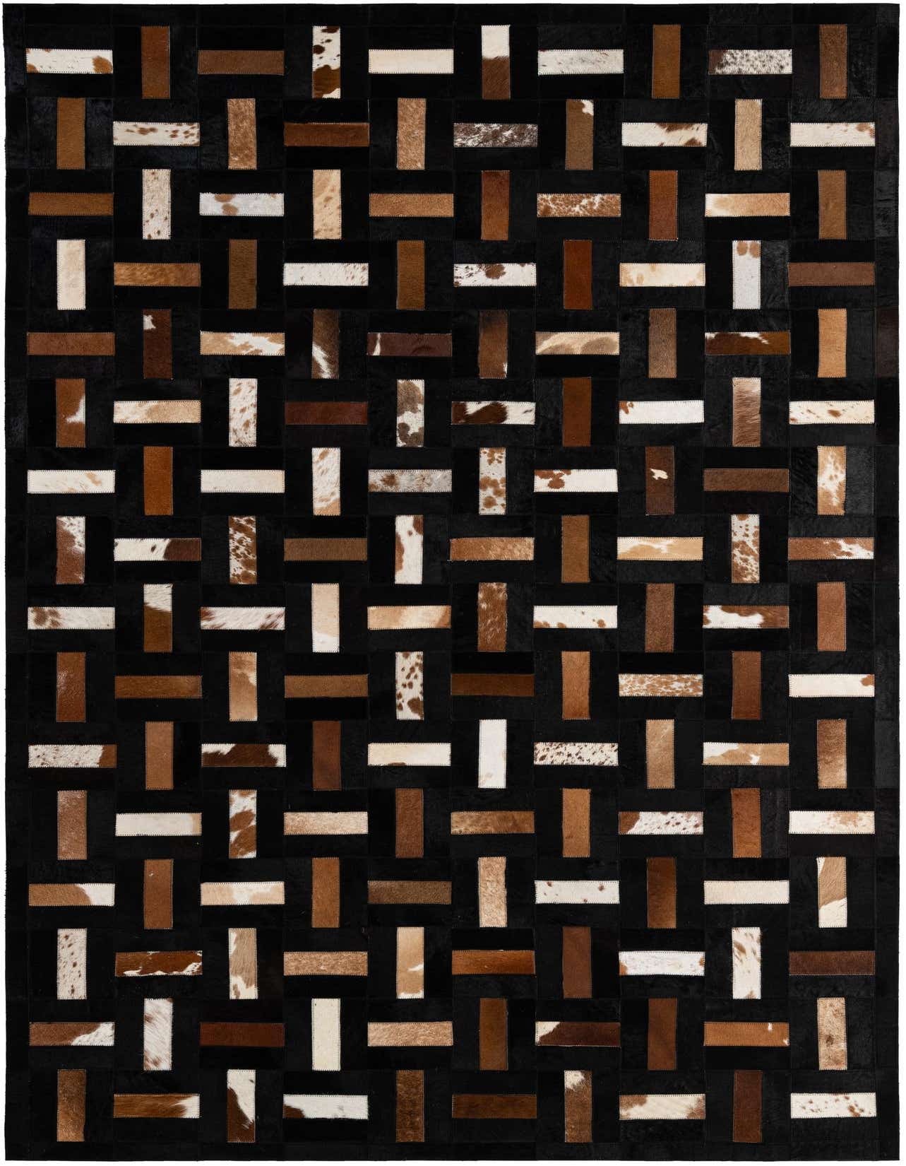 A 5x8 rectangular Cowhide Patchwork rug featuring a modern stripe pattern in multi-colored brown, white, and black hues, ideal for a living room.