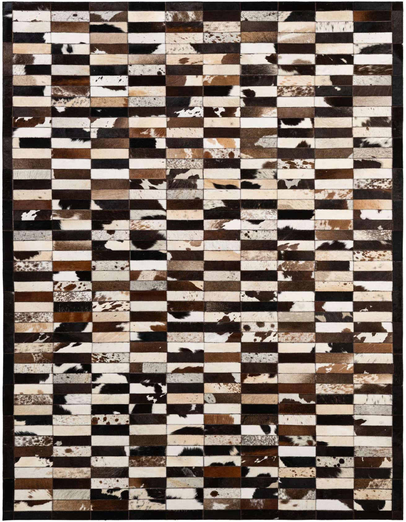 A 5x8 rectangular Cowhide Patchwork rug featuring a modern stripe pattern in multi-colored natural cowhide and leather.