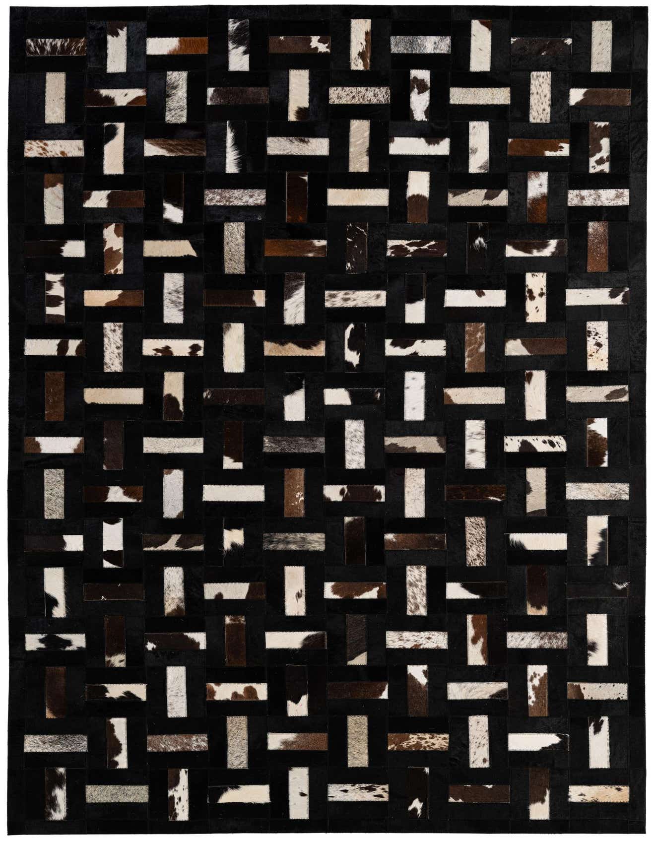 A 5x8 rectangular Cowhide Patchwork rug featuring a modern stripe pattern with multi-colored cowhide and black leather strips.
