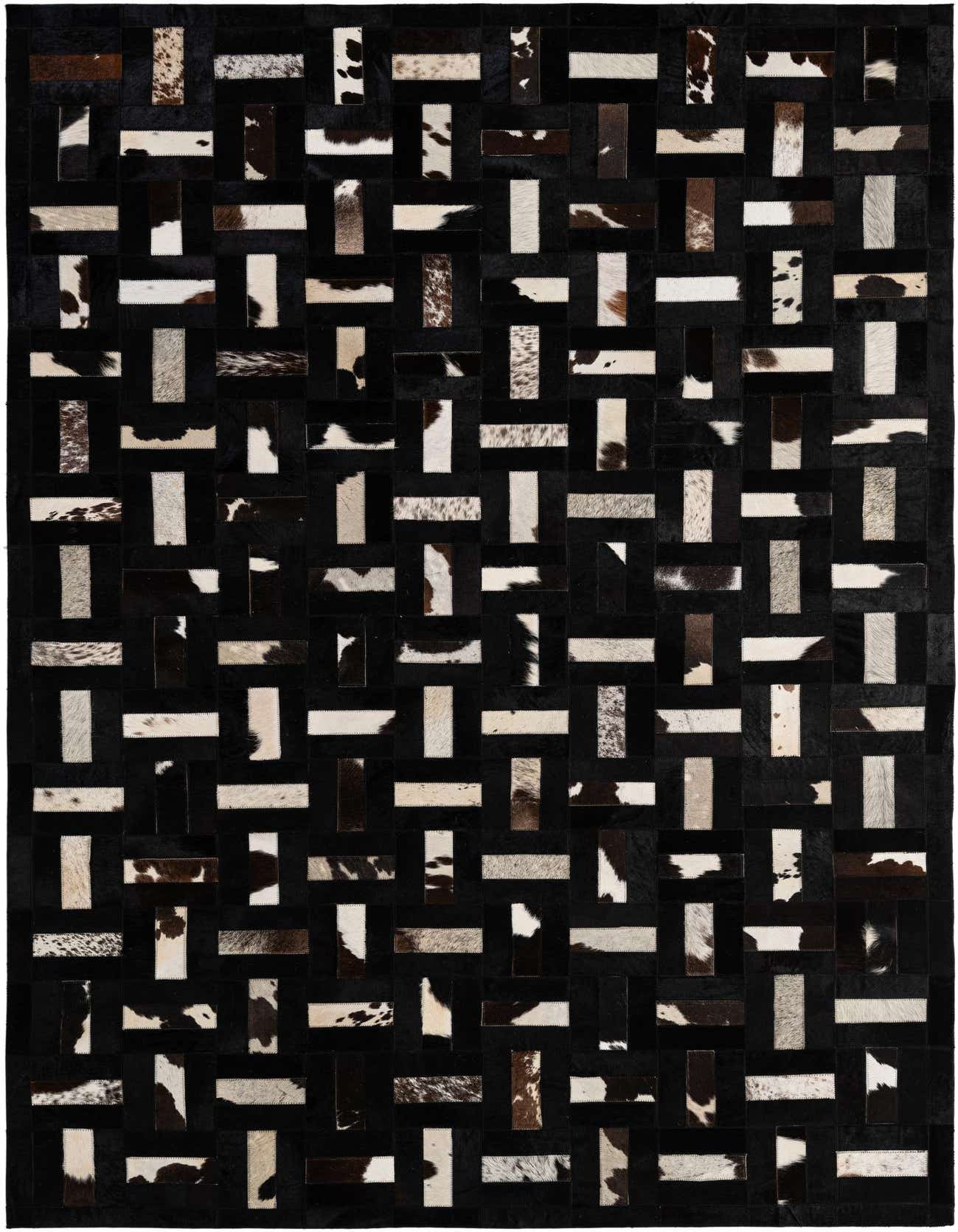 A 5x8 rectangular Cowhide Patchwork rug featuring a modern stripe pattern with multi-colored cowhide and leather patches on a dark background.