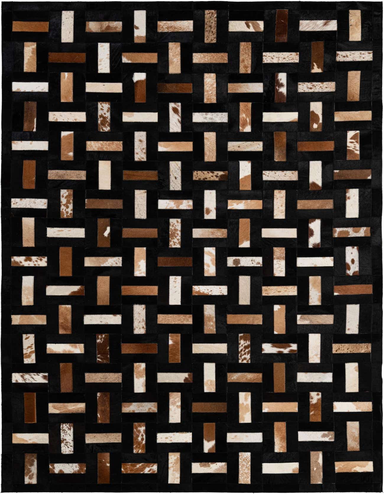 A rectangular 5x8 modern cowhide rug featuring a multi-colored patchwork design with black, brown, and speckled white rectangular strips.