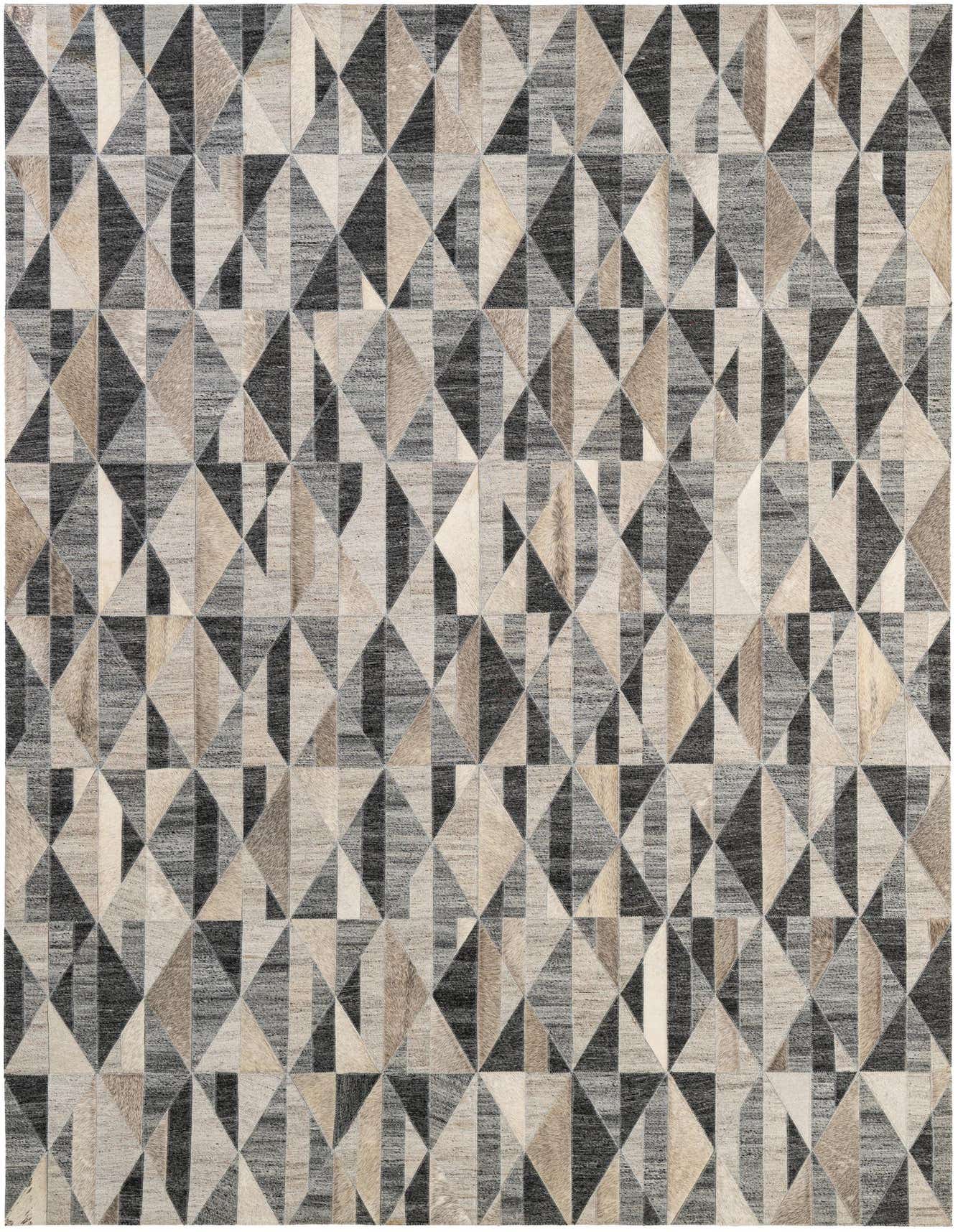 A 5x8 rectangular modern rug with a multi-colored geometric patchwork pattern made from cowhide and leather.