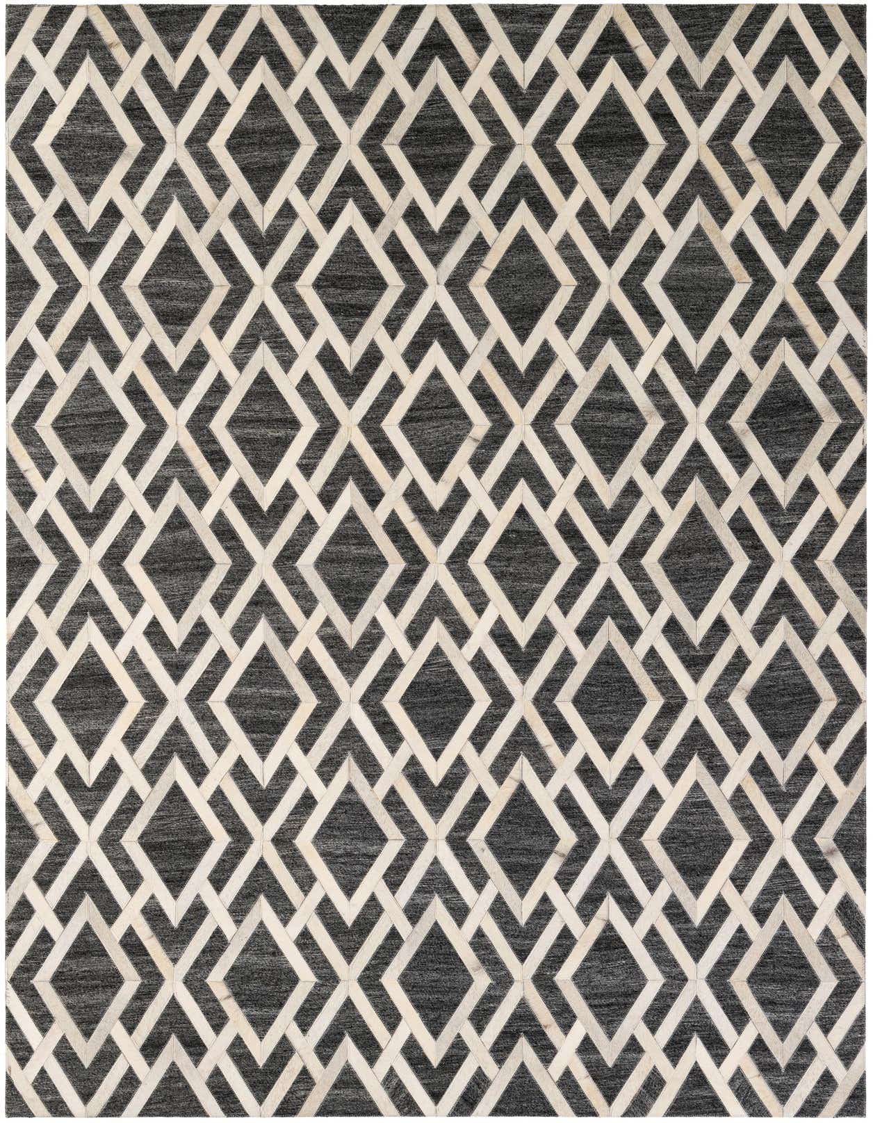 A 5x8 rectangular Cowhide & Leather rug with a modern geometric pattern in multi-colored tones.