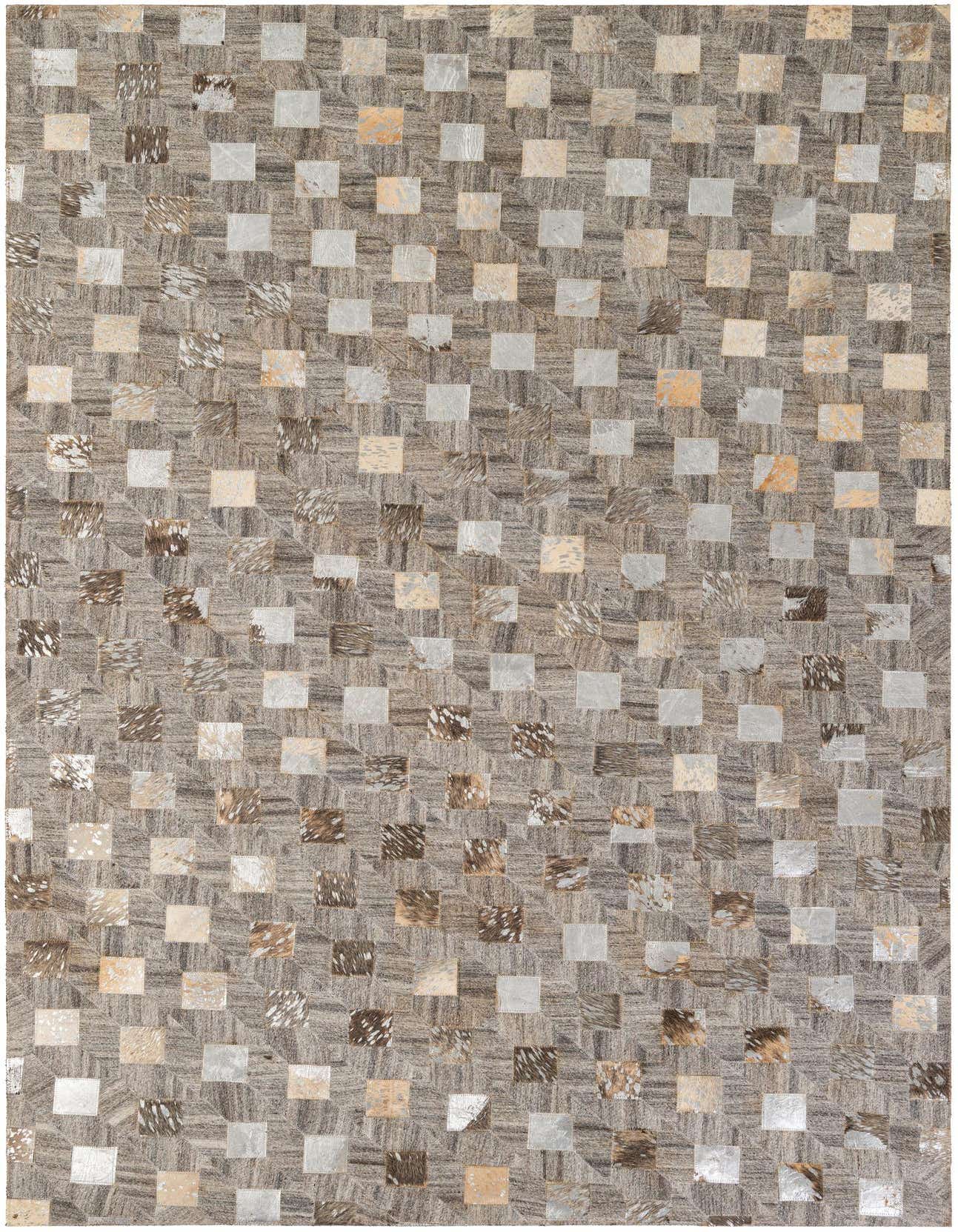 A rectangular 5x8 modern patchwork cowhide rug featuring a multi-colored grid of natural brown, cream, and metallic silver squares.