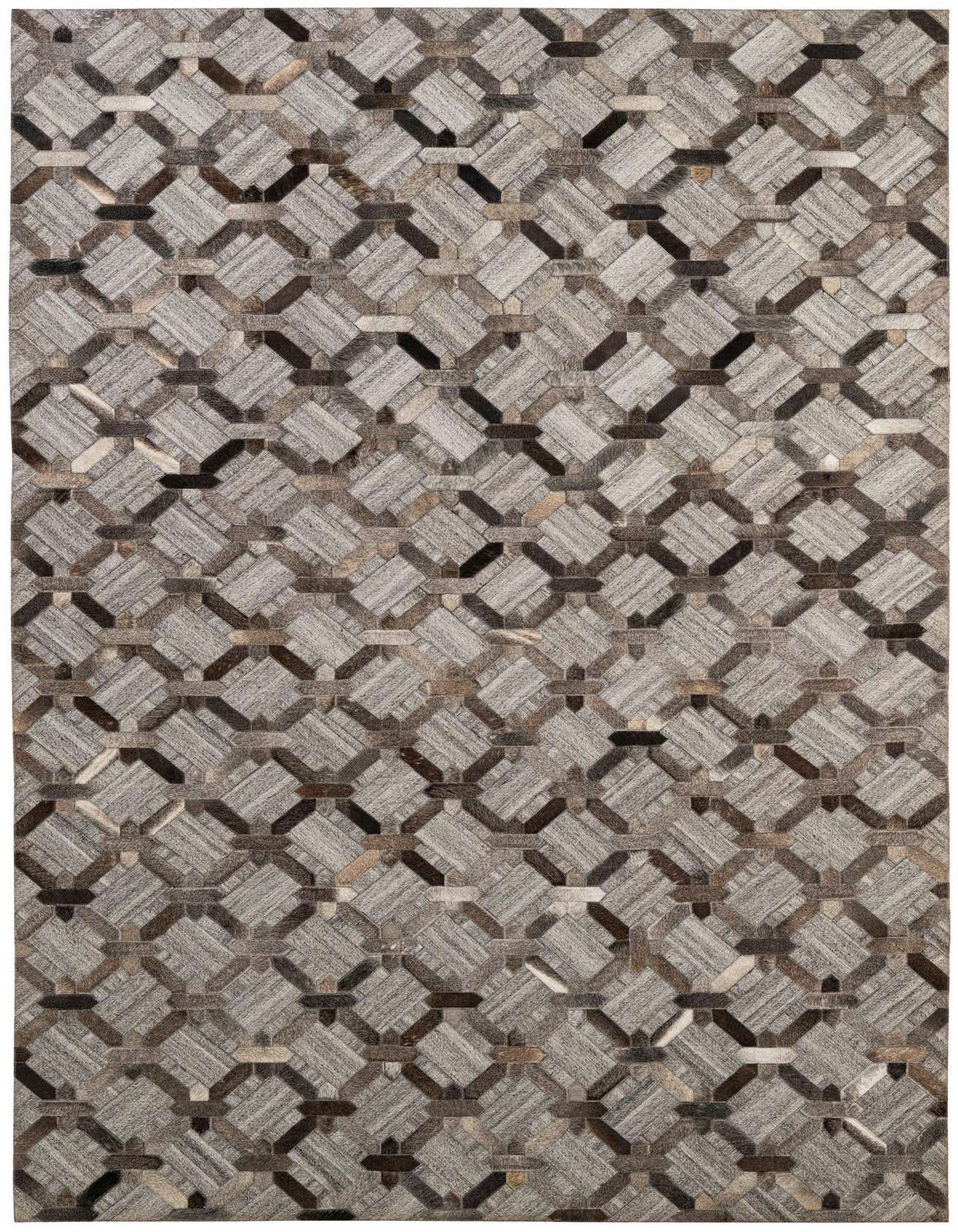 A 5x8 rectangular Cowhide Patchwork rug featuring a modern geometric pattern in multi-colored natural tones.