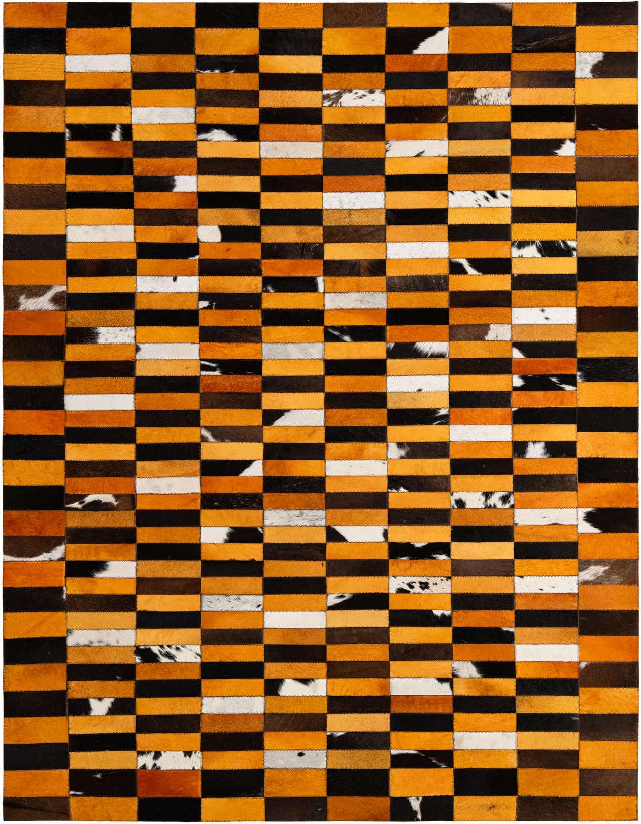 A 5x8 rectangular Cowhide Patchwork rug featuring a modern stripe pattern in multi-colored natural cowhide and black leather.