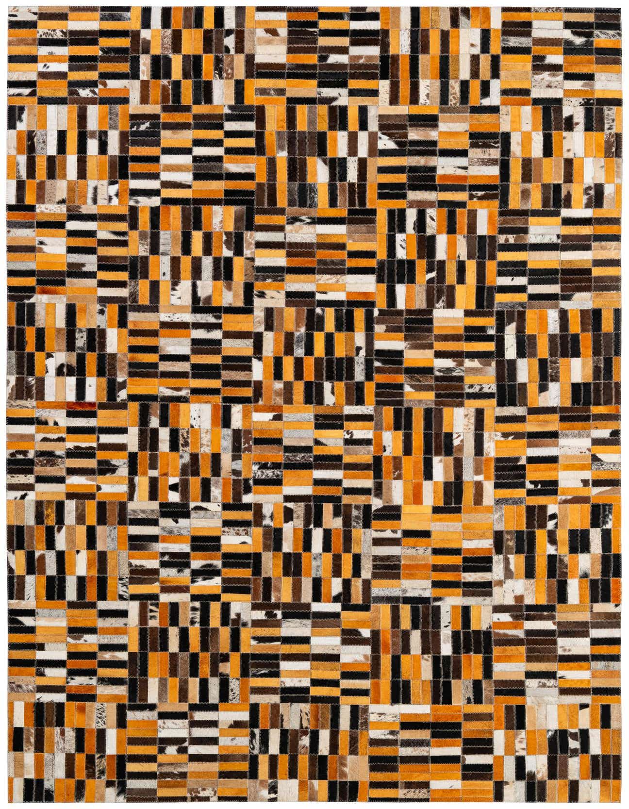 A 5x8 rectangular Cowhide Patchwork rug featuring a modern stripe pattern in multi-colored hues of orange, black, white, and brown.