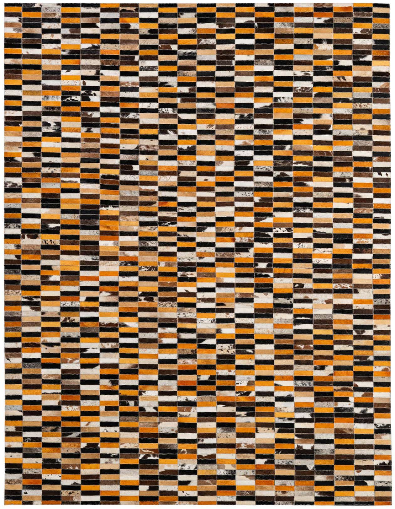 A 5x8 rectangular Cowhide Patchwork rug featuring a modern stripe pattern in multi-colored hues of brown, black, white, and orange.