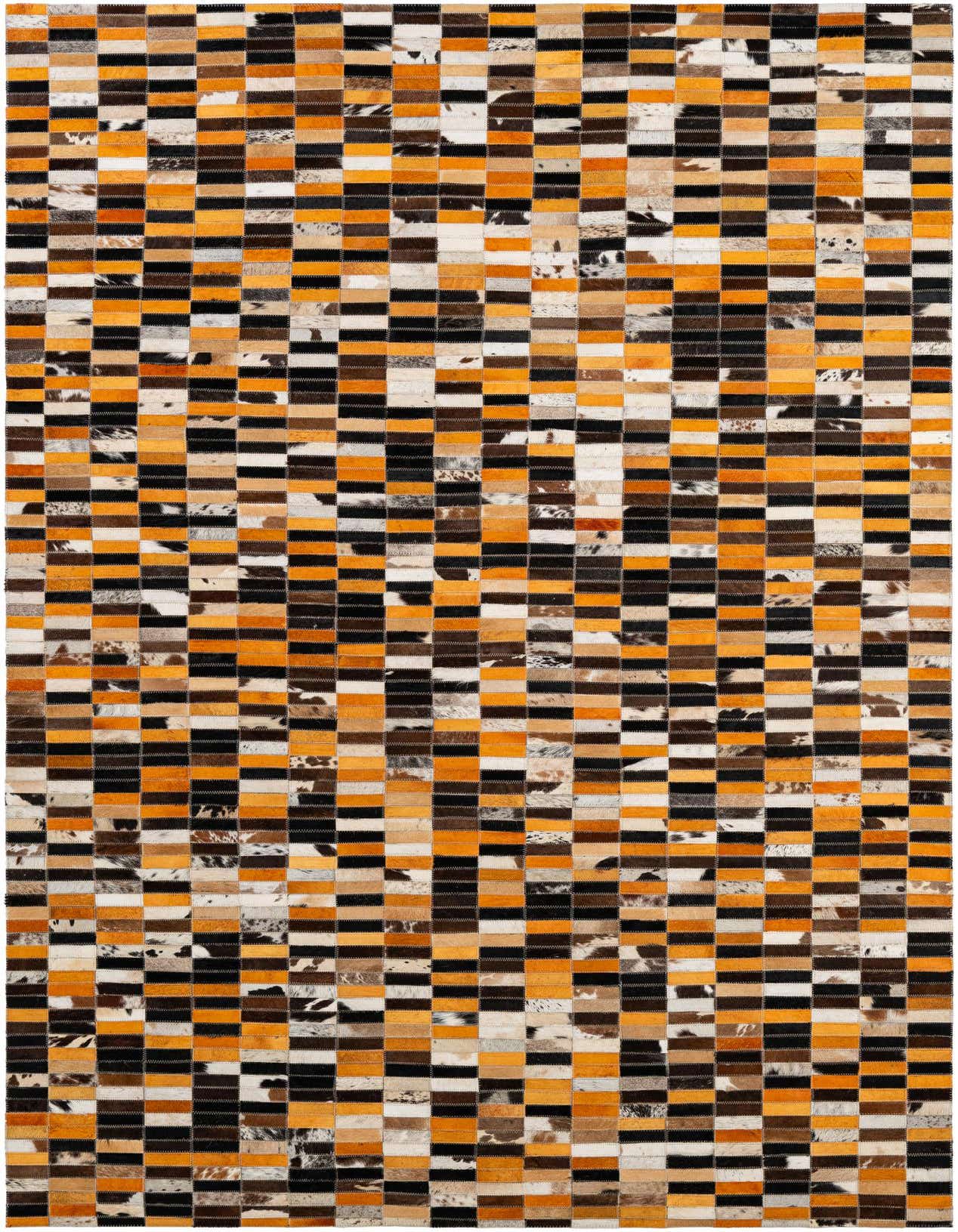 A 5x8 rectangular Cowhide Patchwork rug featuring a modern stripe pattern in multi-colored natural cowhide and leather.
