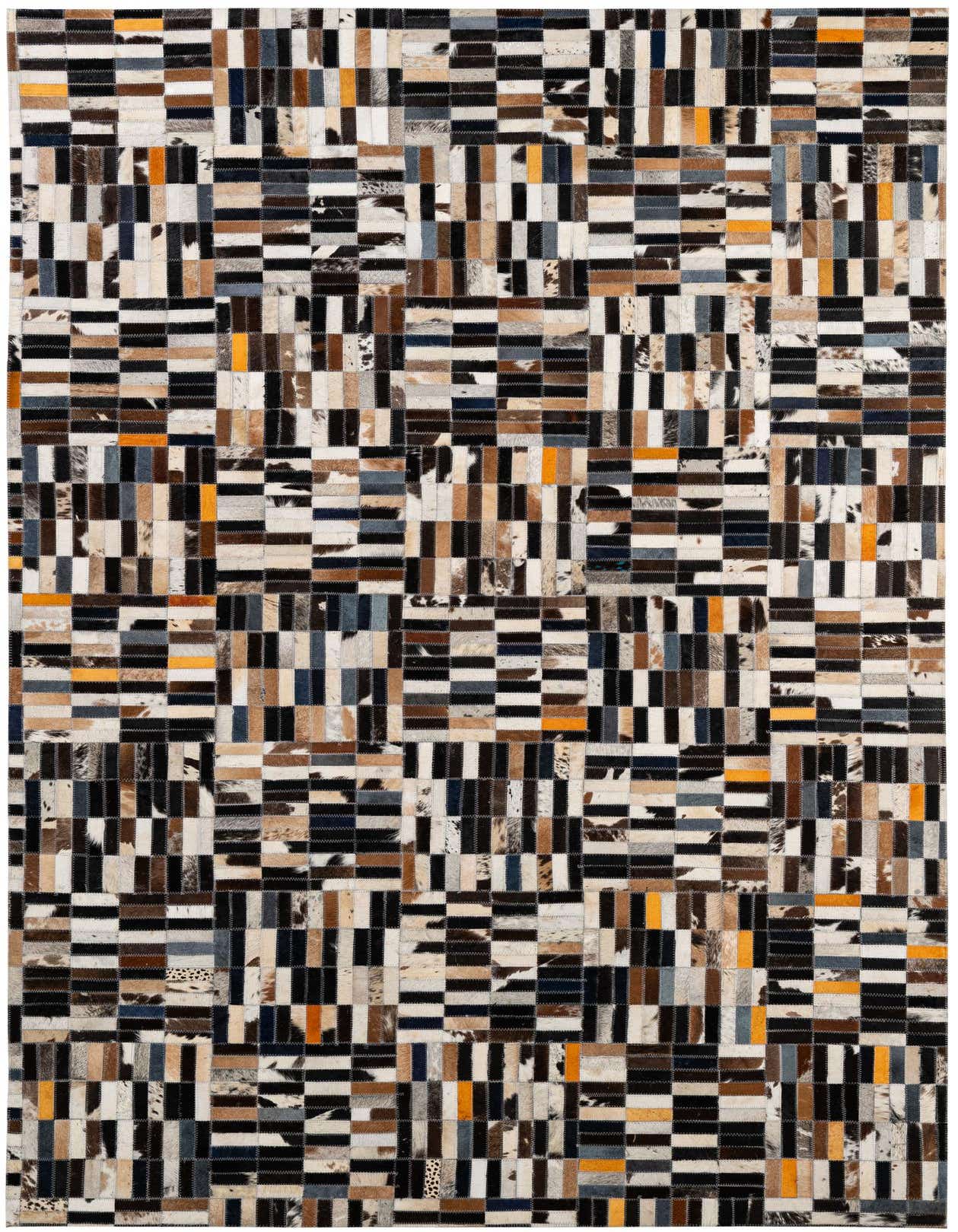 A 5x8 rectangular Cowhide Patchwork rug featuring a modern stripe pattern in multi-colored natural cowhide and leather.