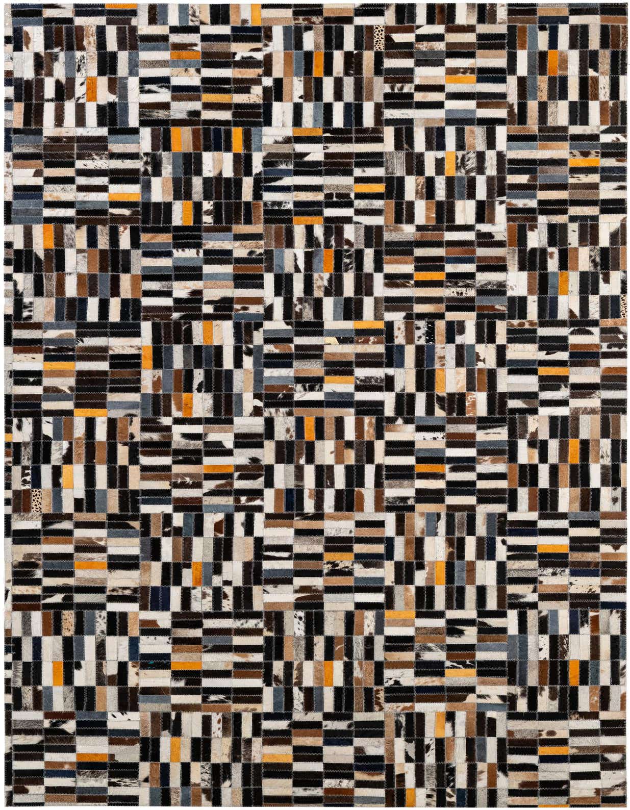 A 5x8 rectangular Cowhide Patchwork rug featuring a modern stripe pattern in various shades of brown, black, white, gray, and orange.