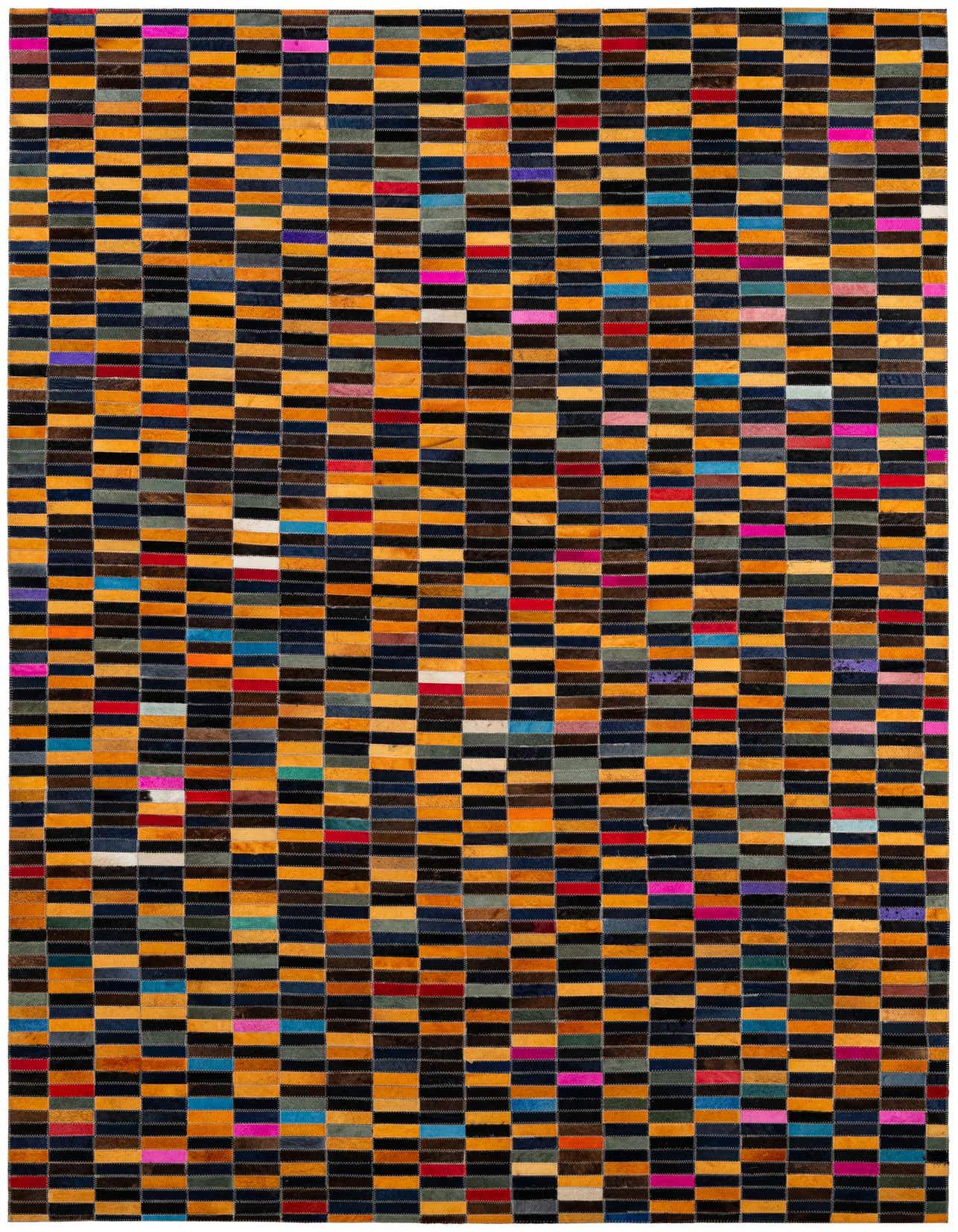 A rectangular 5x8 multi-colored patchwork cowhide rug with a modern stripe pattern, ideal for a living room.