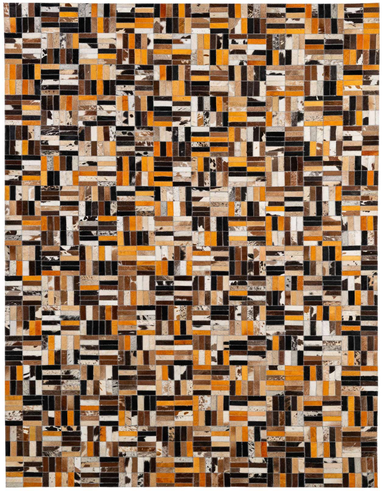 A rectangular 5x8 multi-colored patchwork cowhide rug, featuring a modern stripe pattern in various shades of brown, black, white, and orange.