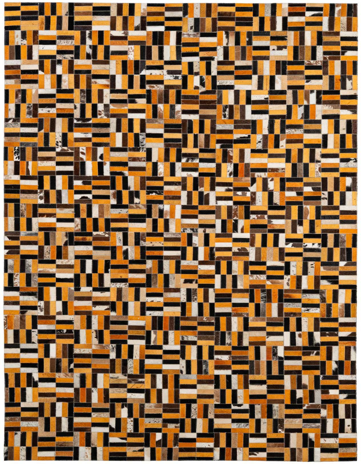 A 5x8 rectangular patchwork cowhide rug with a modern stripe pattern in black, brown, white, and orange tones.