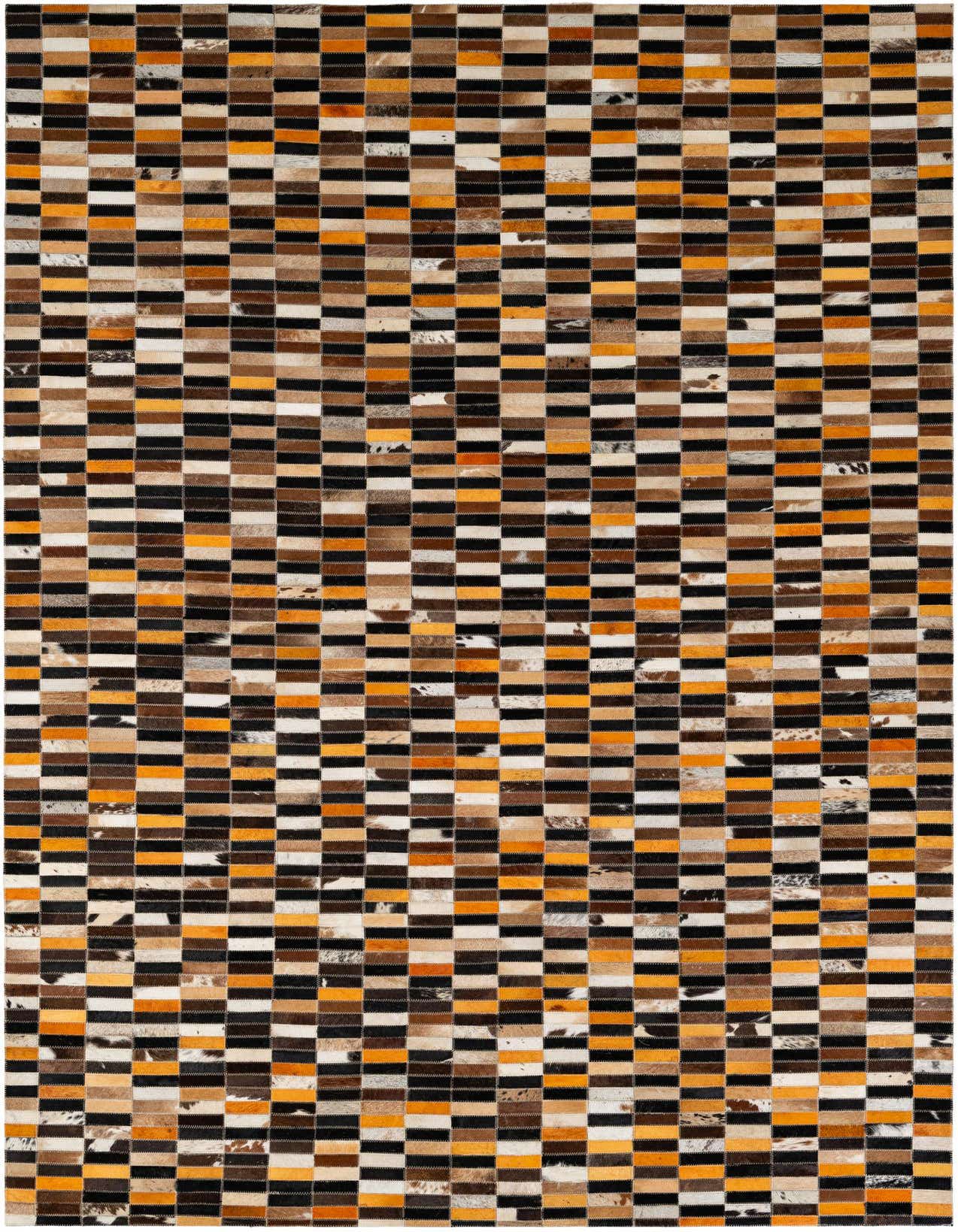 A 5x8 rectangular Cowhide Patchwork rug featuring a modern stripe pattern in multi-colored hues of brown, black, white, and orange.