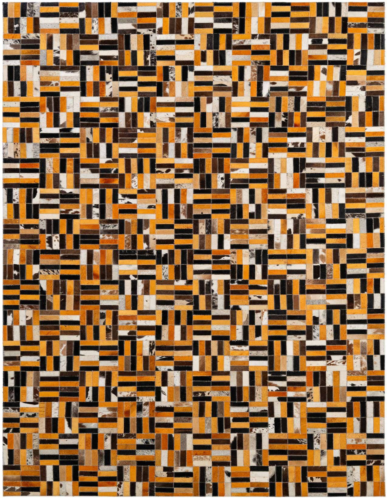 A rectangular 5x8 modern patchwork cowhide rug with multi-colored stripes and blocks in black, orange, brown, and white tones.