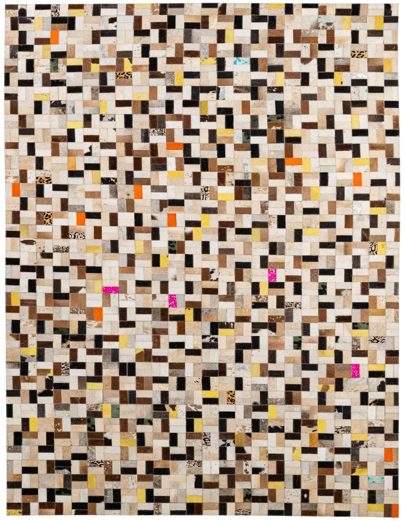A 5x8 rectangular Cowhide Patchwork rug featuring a modern, multi-colored pattern with various natural cowhide tones and vibrant accents.