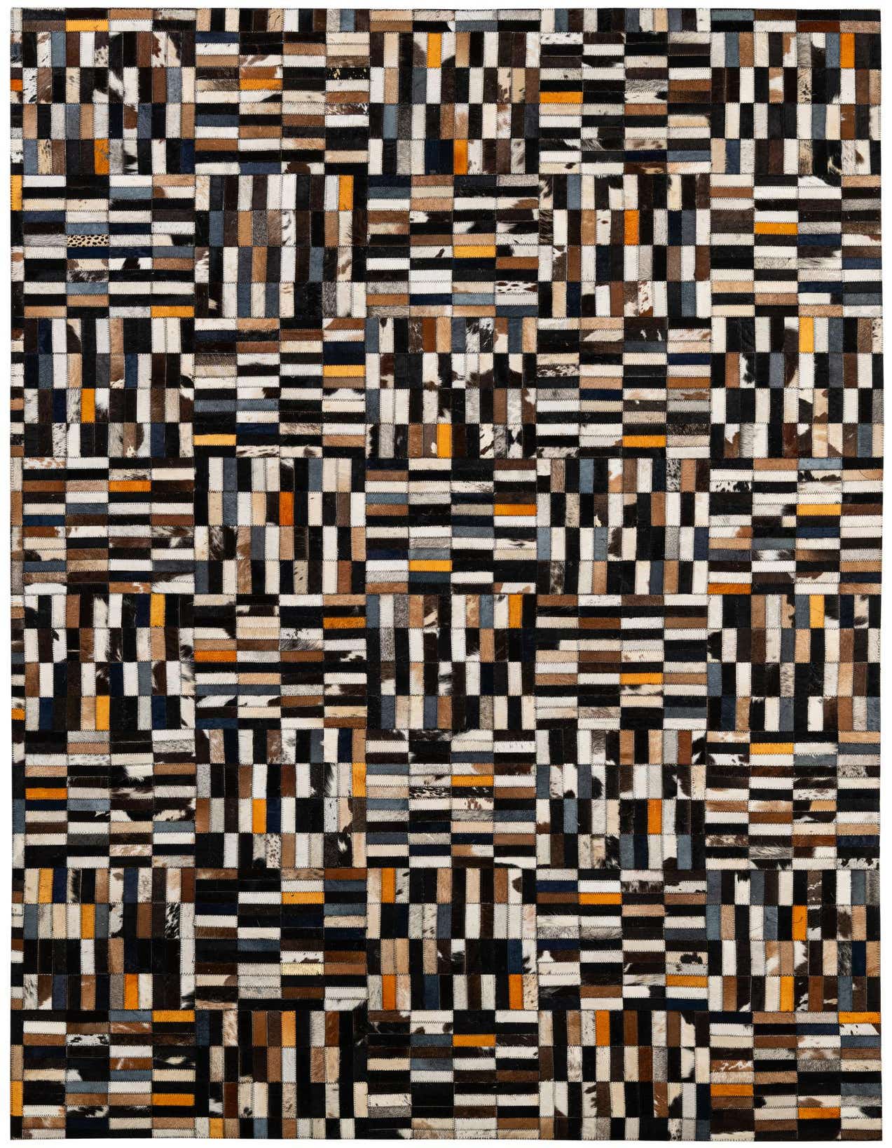 A rectangular 5x8 multi-colored cowhide patchwork rug with a modern stripe pattern, ideal for a living room.