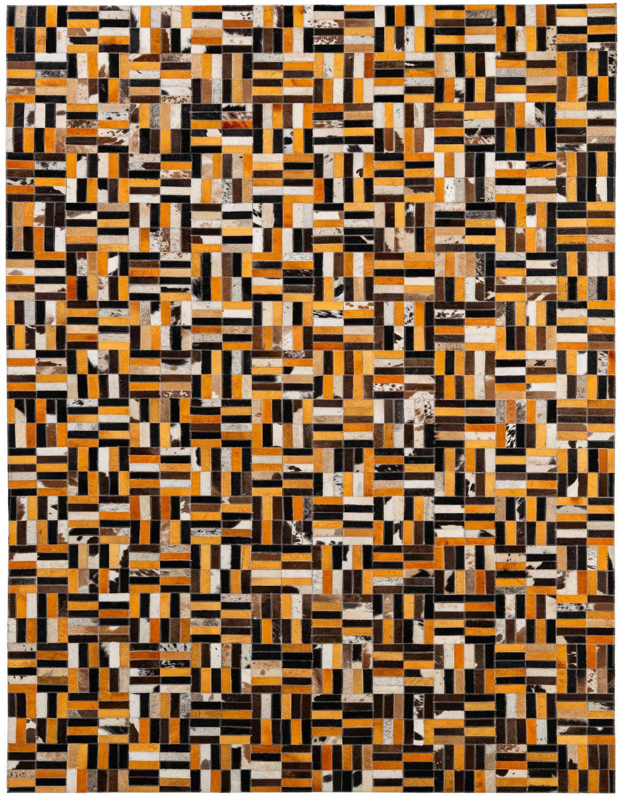 A 5x8 rectangular patchwork cowhide rug with a modern stripe pattern in multi-colored hues, featuring black, orange, brown, and white tones.