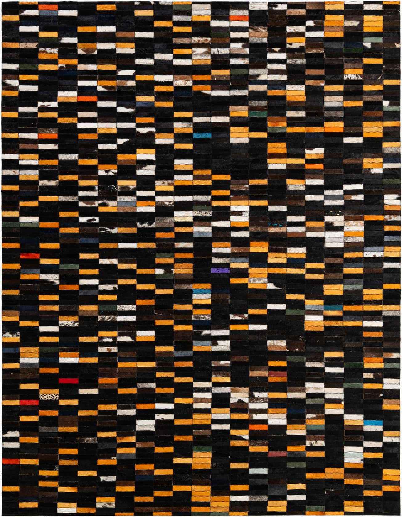 A 5x8 rectangular multi-colored modern patchwork rug made from cowhide and leather, featuring a mosaic of black, orange, white, and various other colored patches.