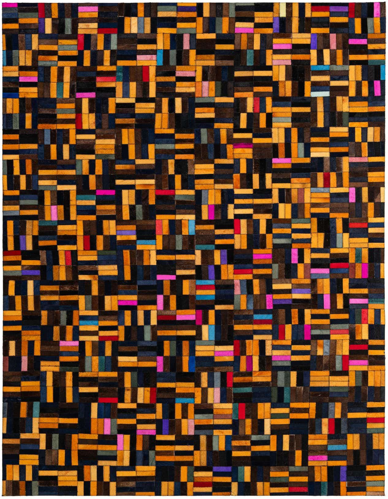 A 5x8 rectangular, multi-colored modern cowhide rug featuring a patchwork of horizontal and vertical stripes in black, brown, gold, blue, pink, and red.