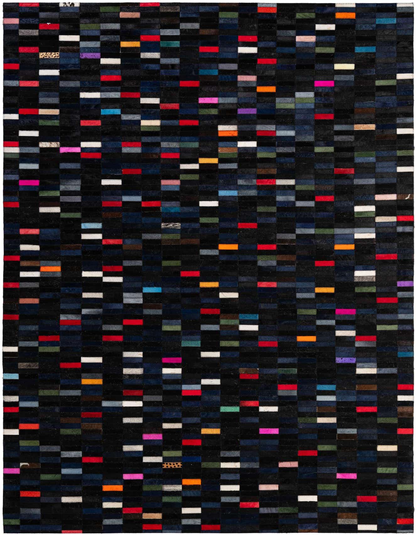 A 5x8 rectangular Cowhide Patchwork rug featuring a modern stripe pattern with multi-colored rectangular patches on a dark background.