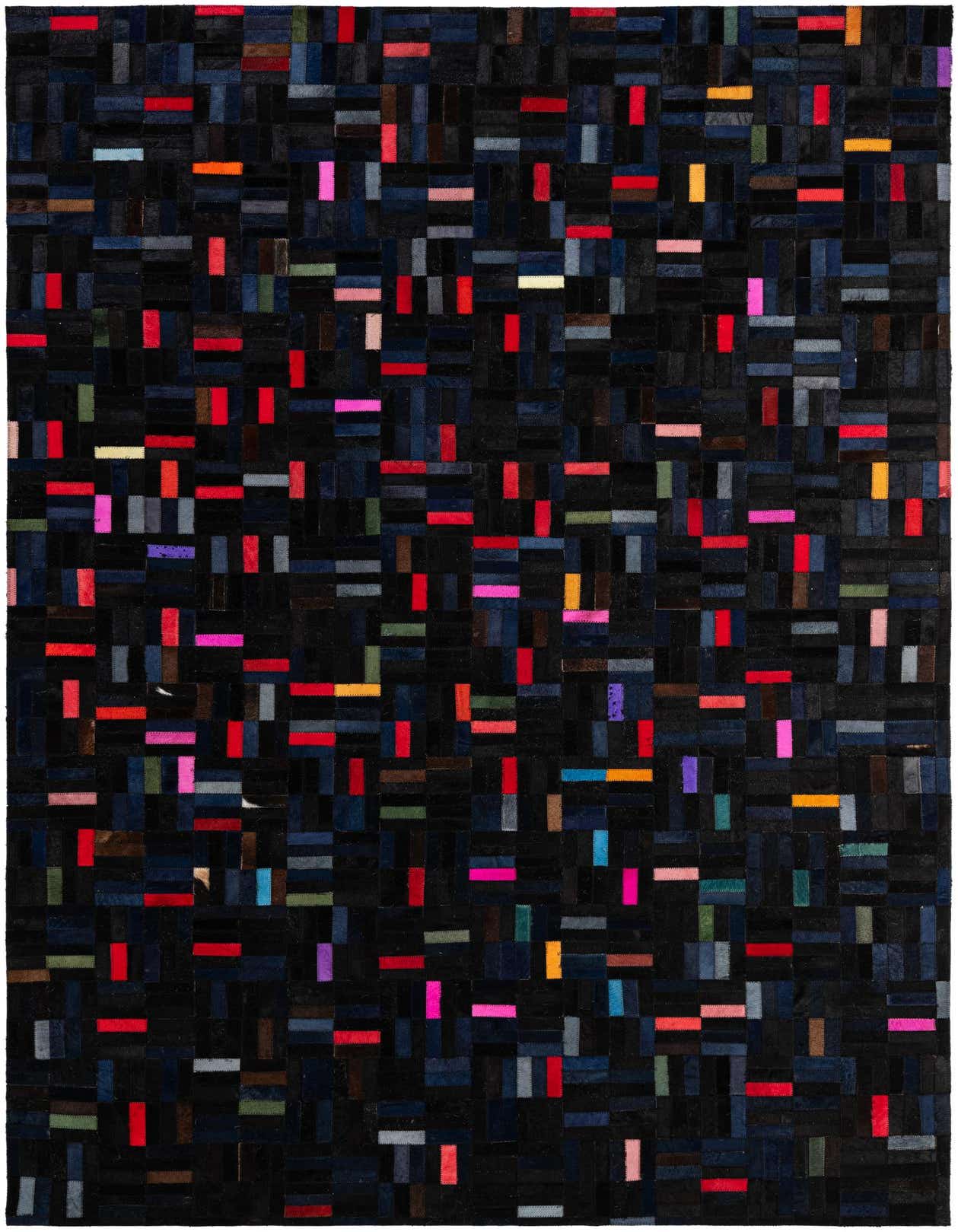 A 5x8 rectangular, multi-colored modern cowhide patchwork rug with a black base and vibrant red, pink, blue, and yellow stripe accents.