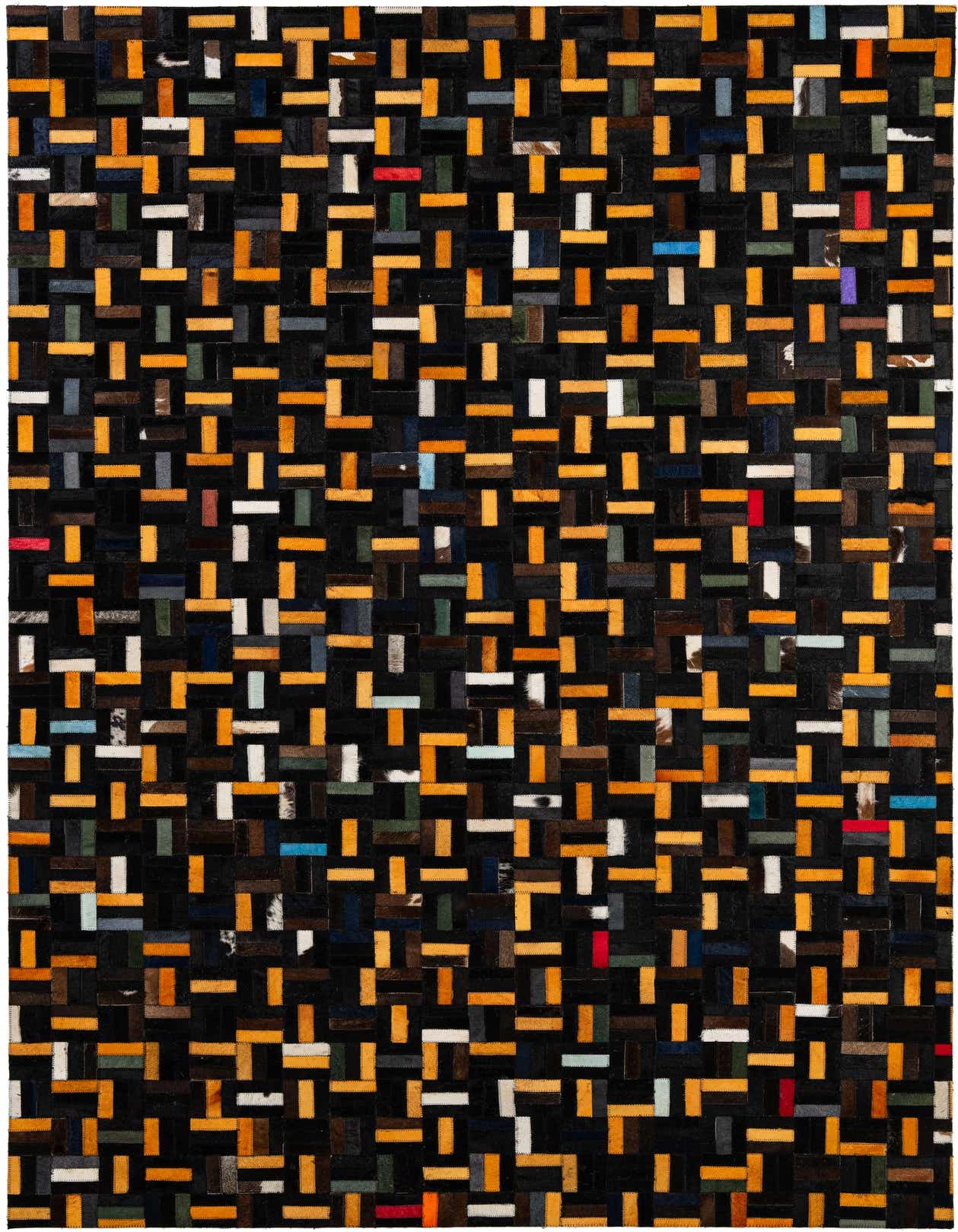 A 5x8 rectangular, multi-colored modern cowhide rug with a striped patchwork pattern, ideal for a living room.