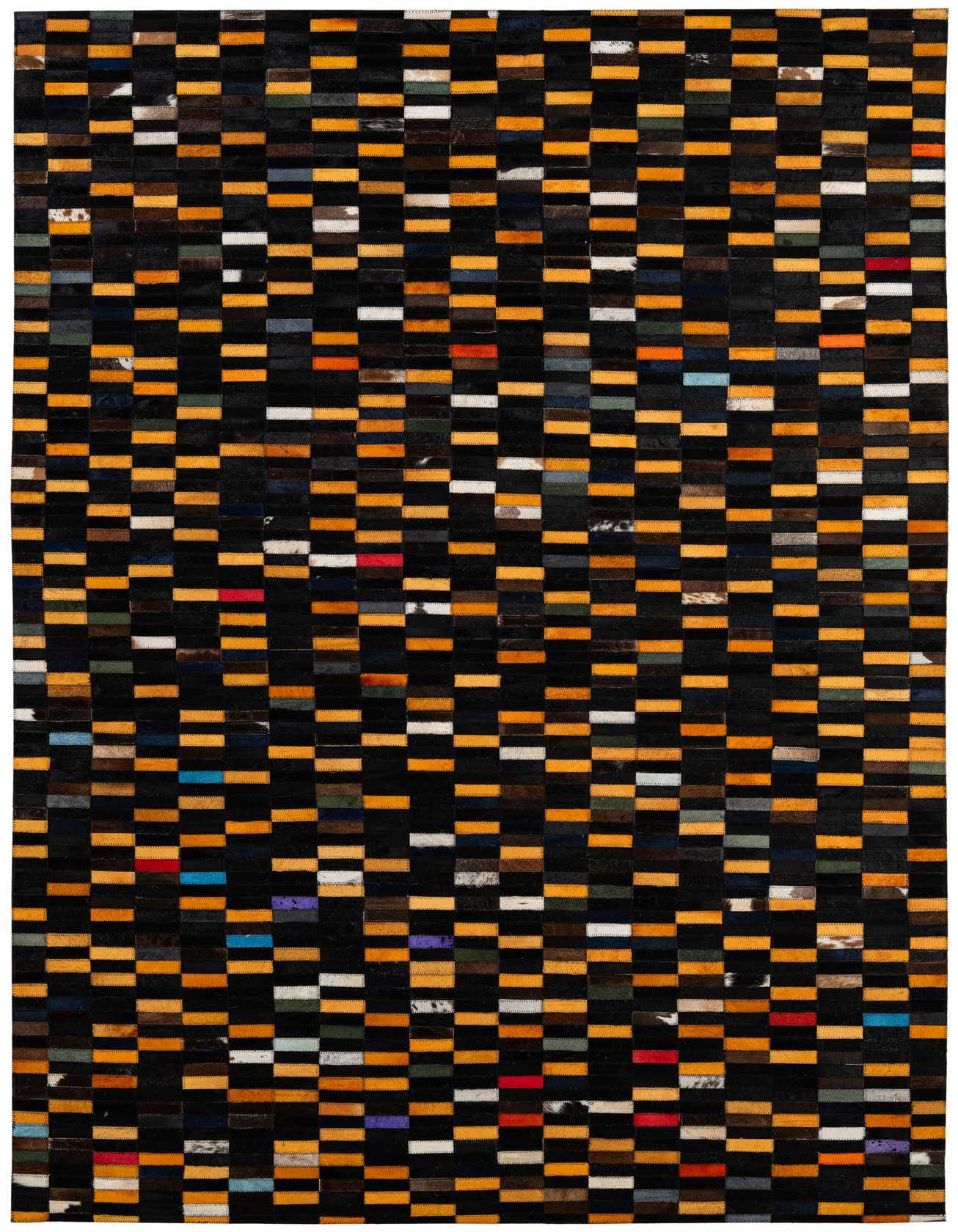 A 5x8 rectangular Cowhide Patchwork rug featuring a modern stripe pattern with multi-colored patches on a dark background.