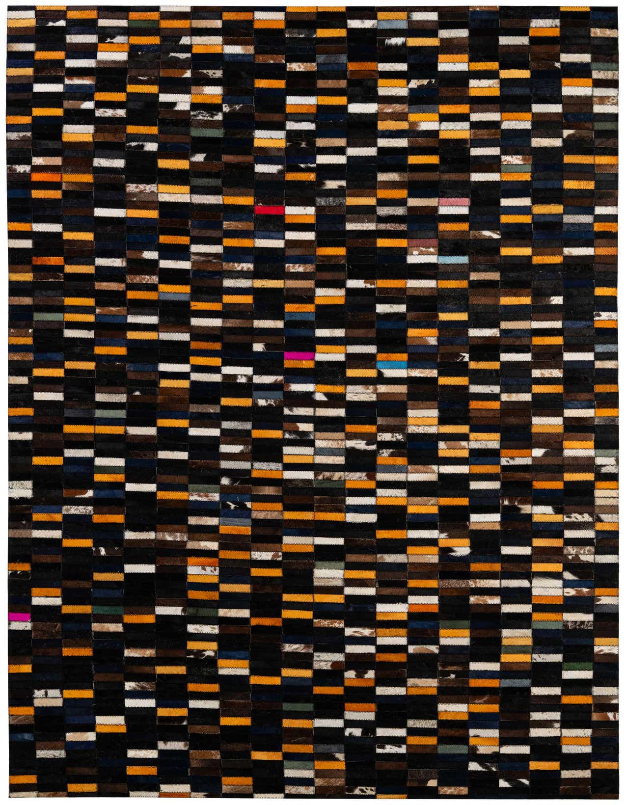 A 5x8 rectangular multi-colored modern patchwork cowhide rug, featuring black, gold, brown, and white squares with occasional pops of red, blue, and pink.