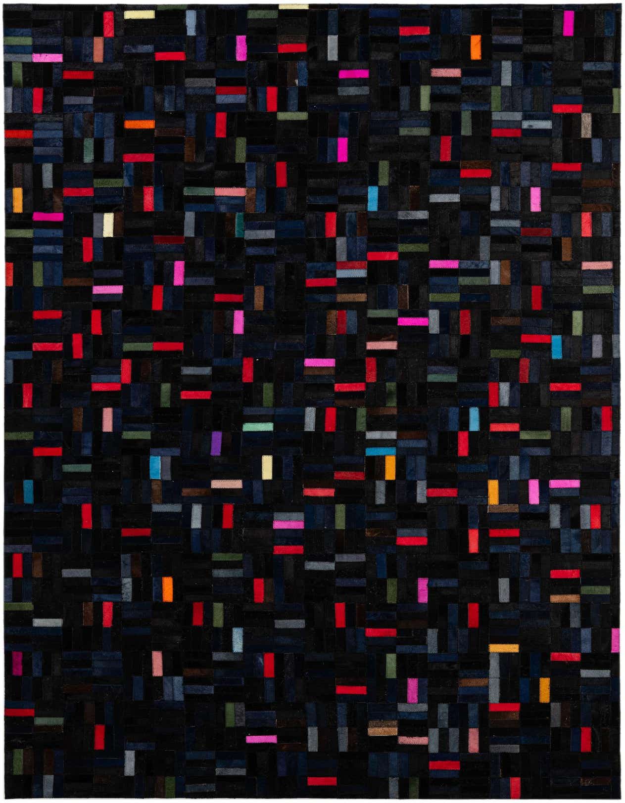 A 5x8 rectangular Cowhide Patchwork rug featuring a modern stripe pattern with multi-colored leather strips on a dark background.